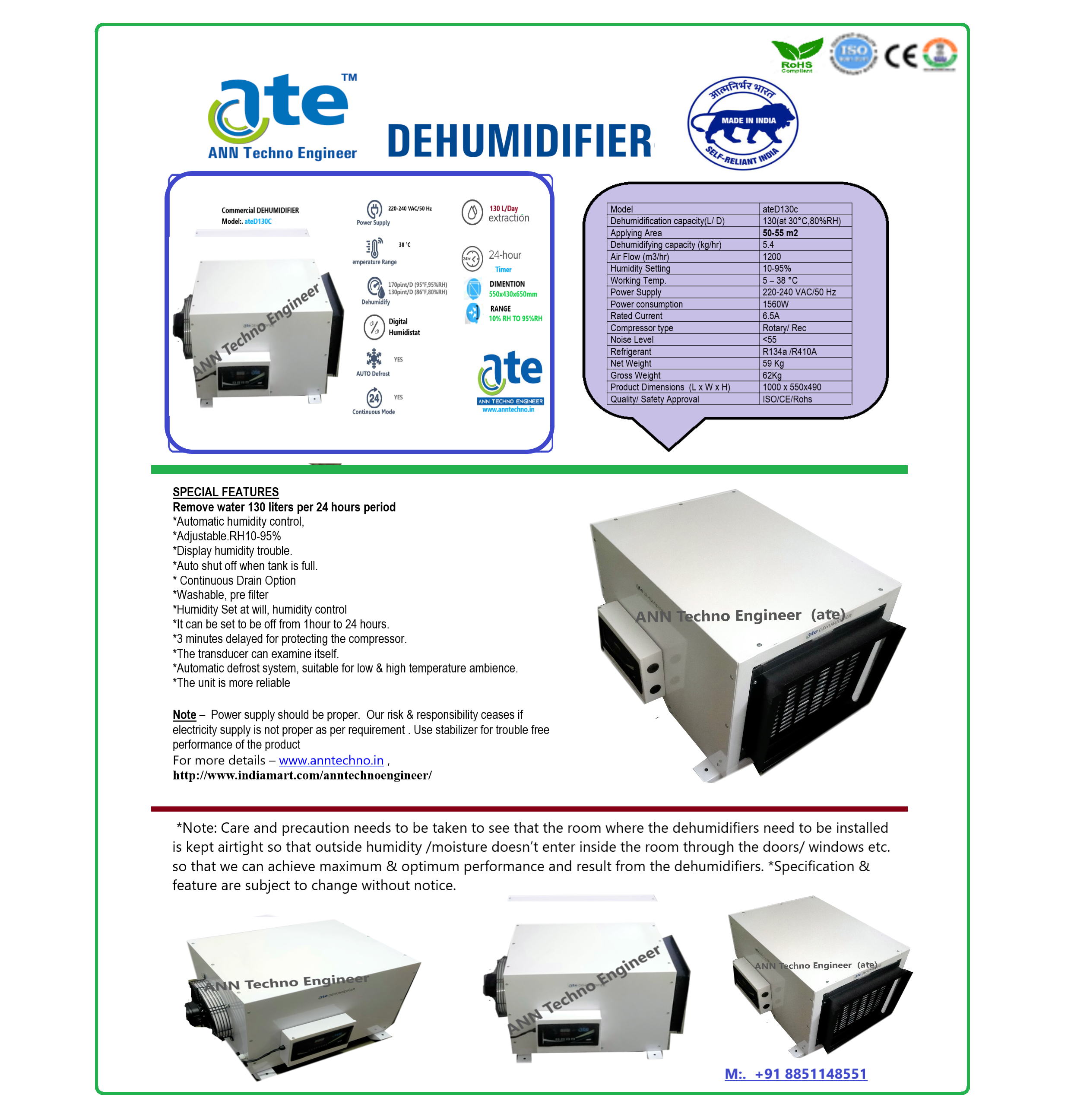 Dehumidifier - 130 L/d Capacity 1000 X 550 X 490 Mm Black And White | Automatic Humidity Control Digital Control Panel Continuous Drain Option Self-examining Transducer
