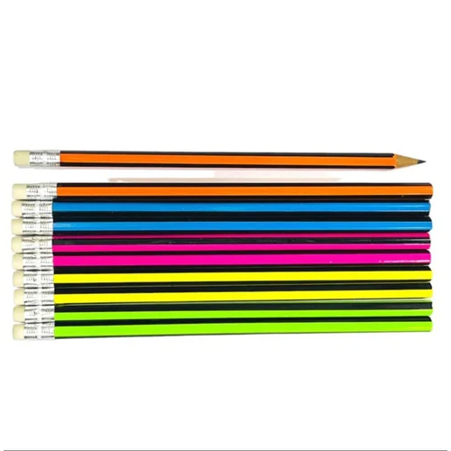 Neon Colour And Black Hexagon Rubber Tip Pencils - Polymer Material, 175mm Size, Multicolor Design | Comfortable Grip, Easy Erasure, Perfect For School