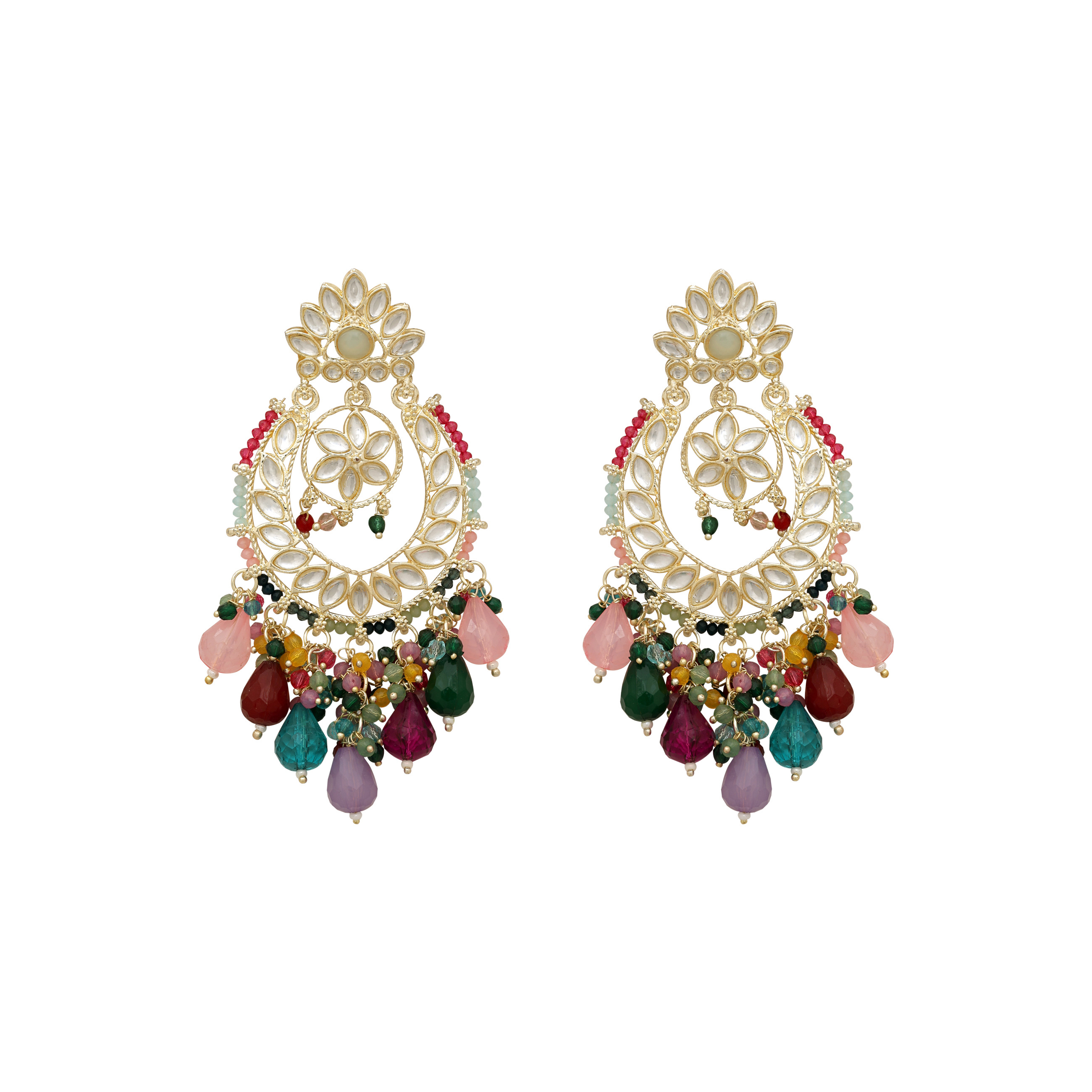 Kundan Elegance Chandbalis Earrings - Alloy, 10x4.5 Cm, Multicolor | Gold Plated, Adjustable Size, Intricate Kundan Stone Work, Timeless Design