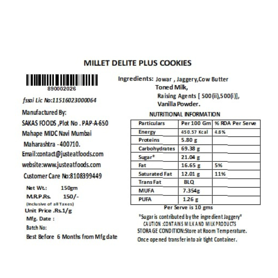 Millet Delite Plus Jowar Cookies - Solid Form, Eggless, Sweet Flavor, 6 Months Shelf Life | Pure And Delicious High-fiber Snack
