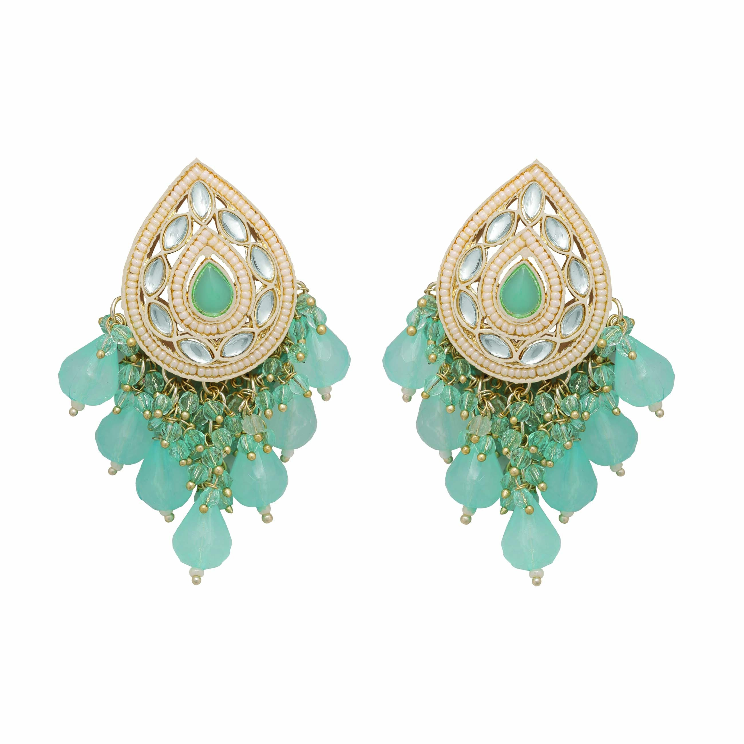 Pearl Dewdrop Tilak Earrings - Alloy 7x4.5 Cm Sky Blue | Adjustable Size Gold Plated Kundan Accents Elegant Design For Weddings & Parties