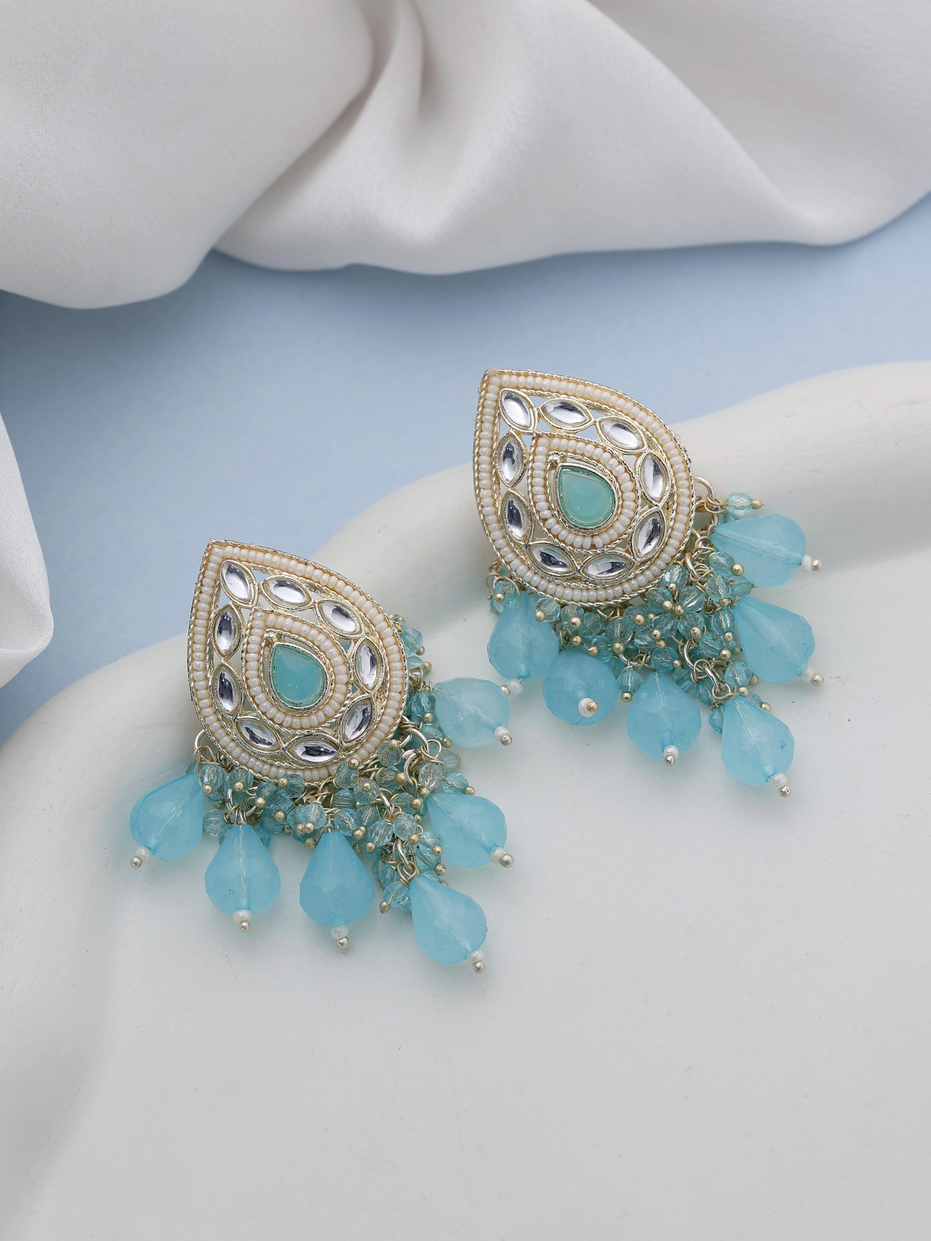 Pearl Dewdrop Tilak Earrings - Alloy 7x4.5 Cm Sky Blue | Adjustable Size Gold Plated Kundan Accents Elegant Design For Weddings & Parties