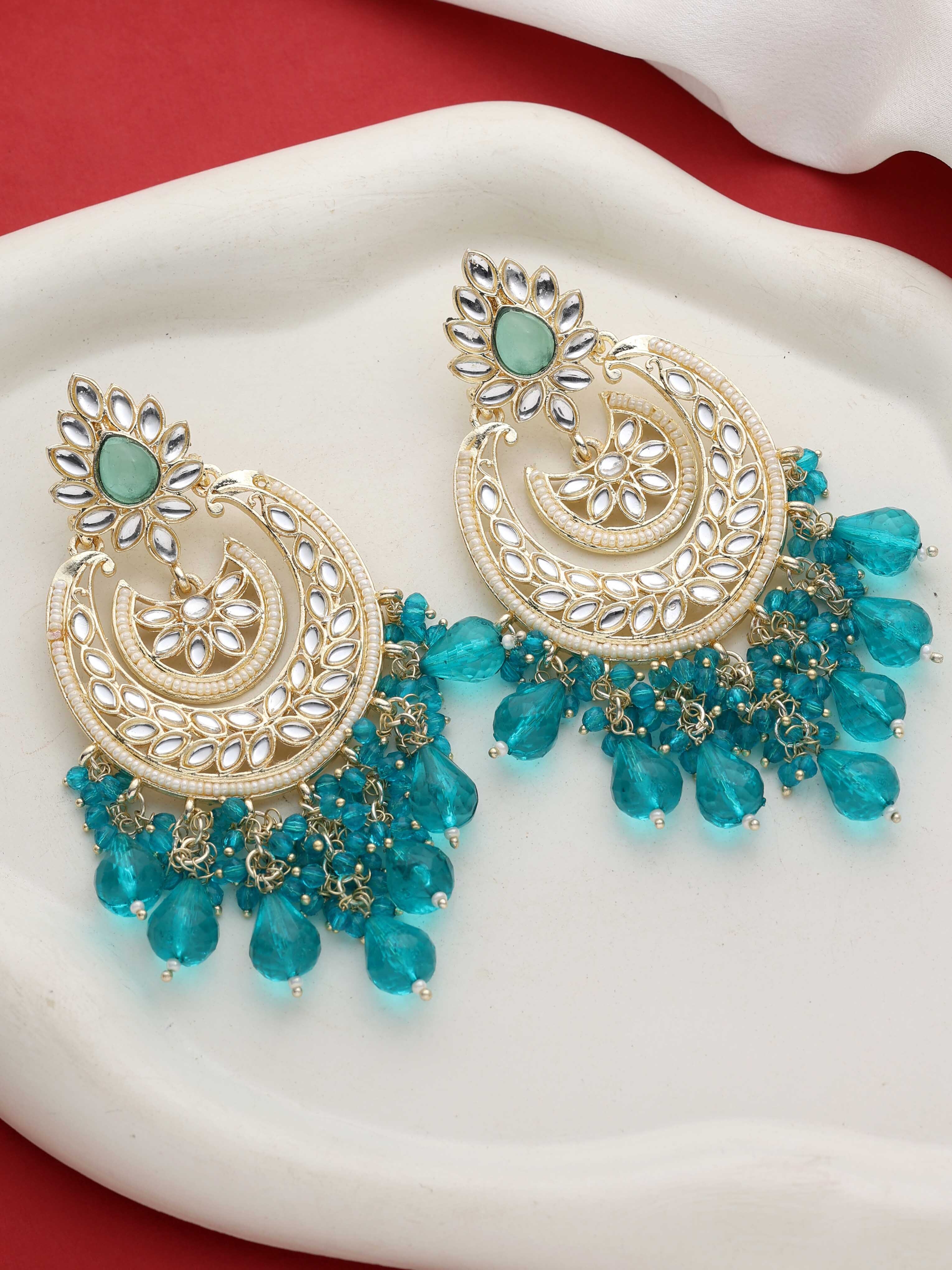 Royal Chandbali Splendor Kundan Earrings - Alloy, 10x4.5 Cm, Aqua Color | Gold Plated, Channel Setting, Adjustable Size, Perfect For Weddings And Special Occasions