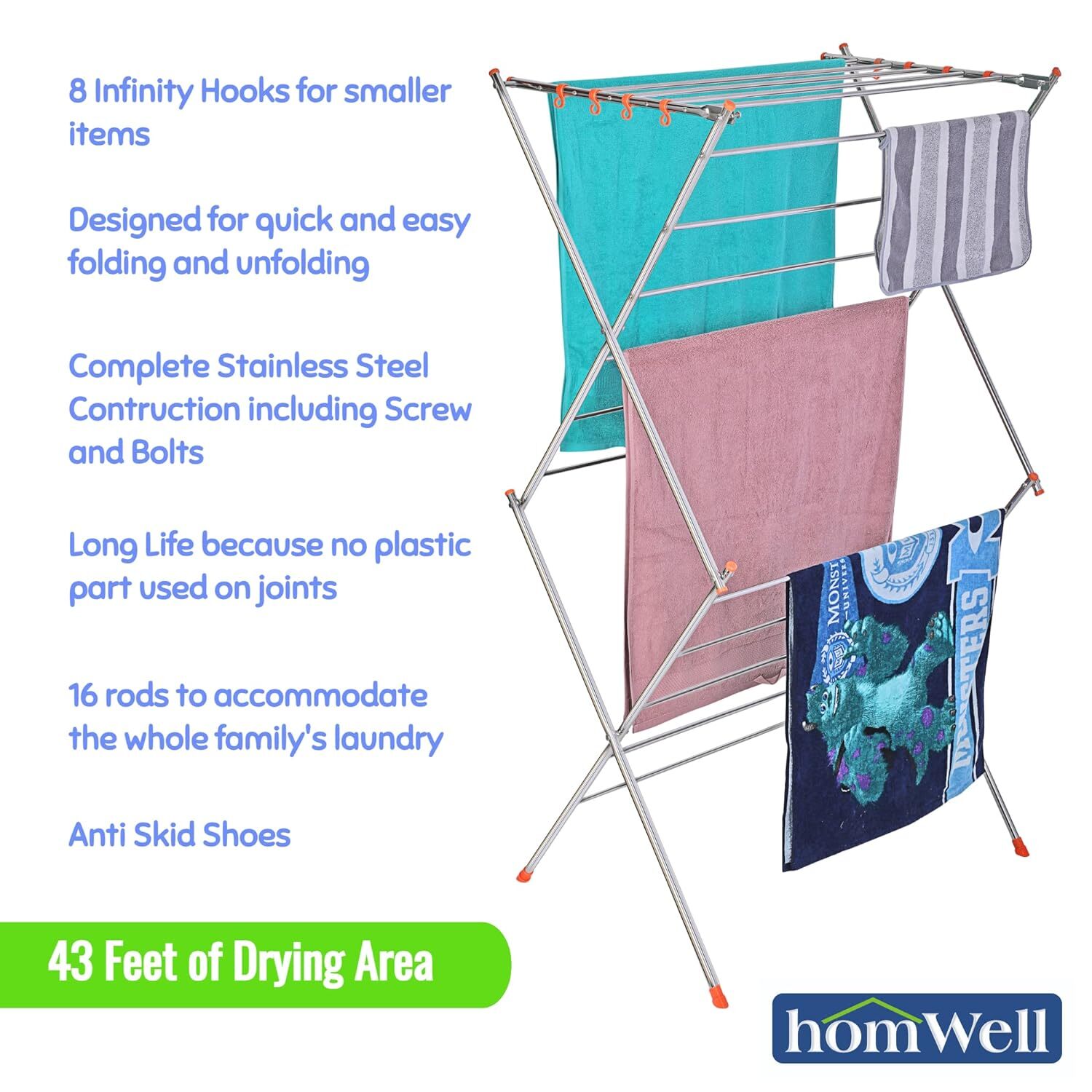 Cloth Drying Stand - Heavy Duty Stainless Steel, 3 Tier Design With 16 Rods And 43 Feet Drying Area, Fully Assembled & Foldable For Space Saving