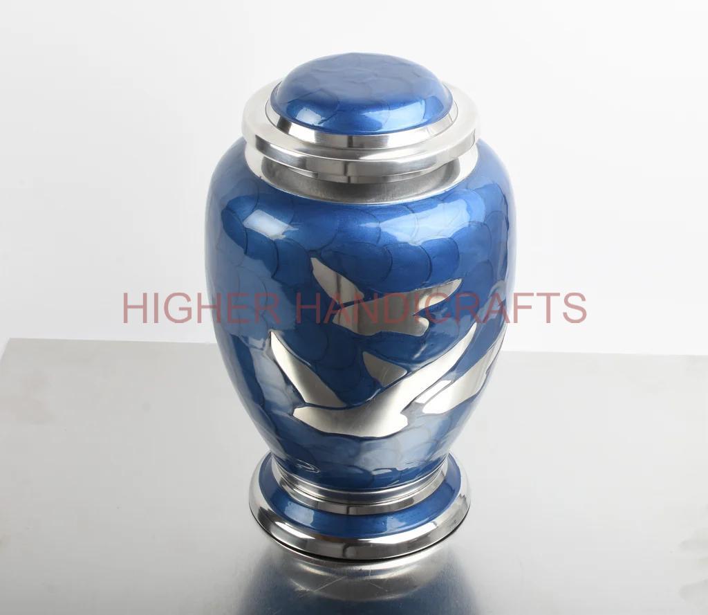Brass Cremation Urn For Human Ashes - 220 Cubic Inches, Modern Blue & Silver Enamel Finish, Professional Design With Casting Technique