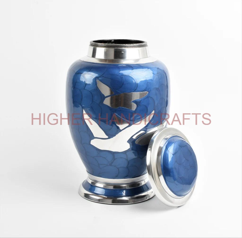Brass Cremation Urn For Human Ashes - 220 Cubic Inches, Modern Blue & Silver Enamel Finish, Professional Design With Casting Technique