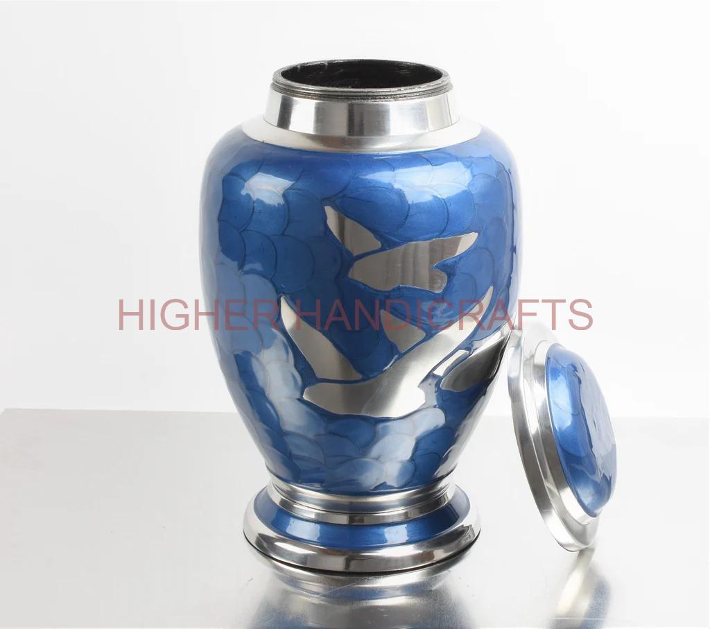 Brass Cremation Urn For Human Ashes - 220 Cubic Inches, Modern Blue & Silver Enamel Finish, Professional Design With Casting Technique