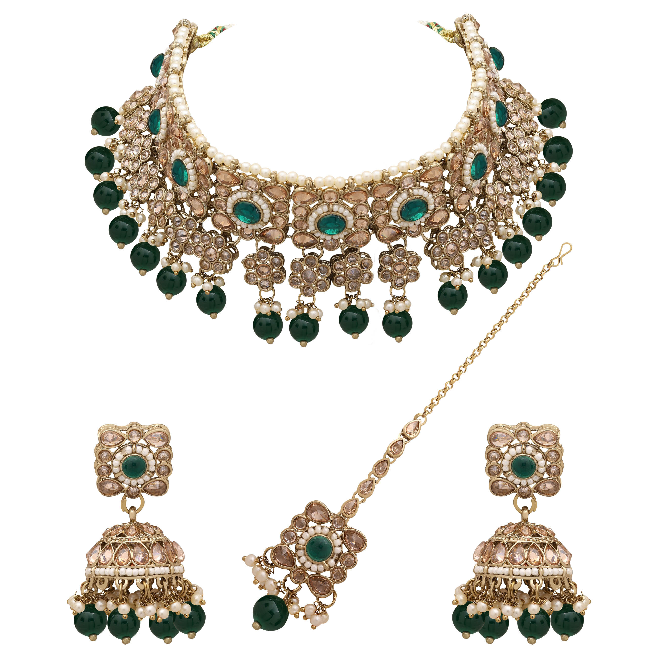 Floral Square Splendor Mehandi Plated Reverse Ad Choker Necklaces Set