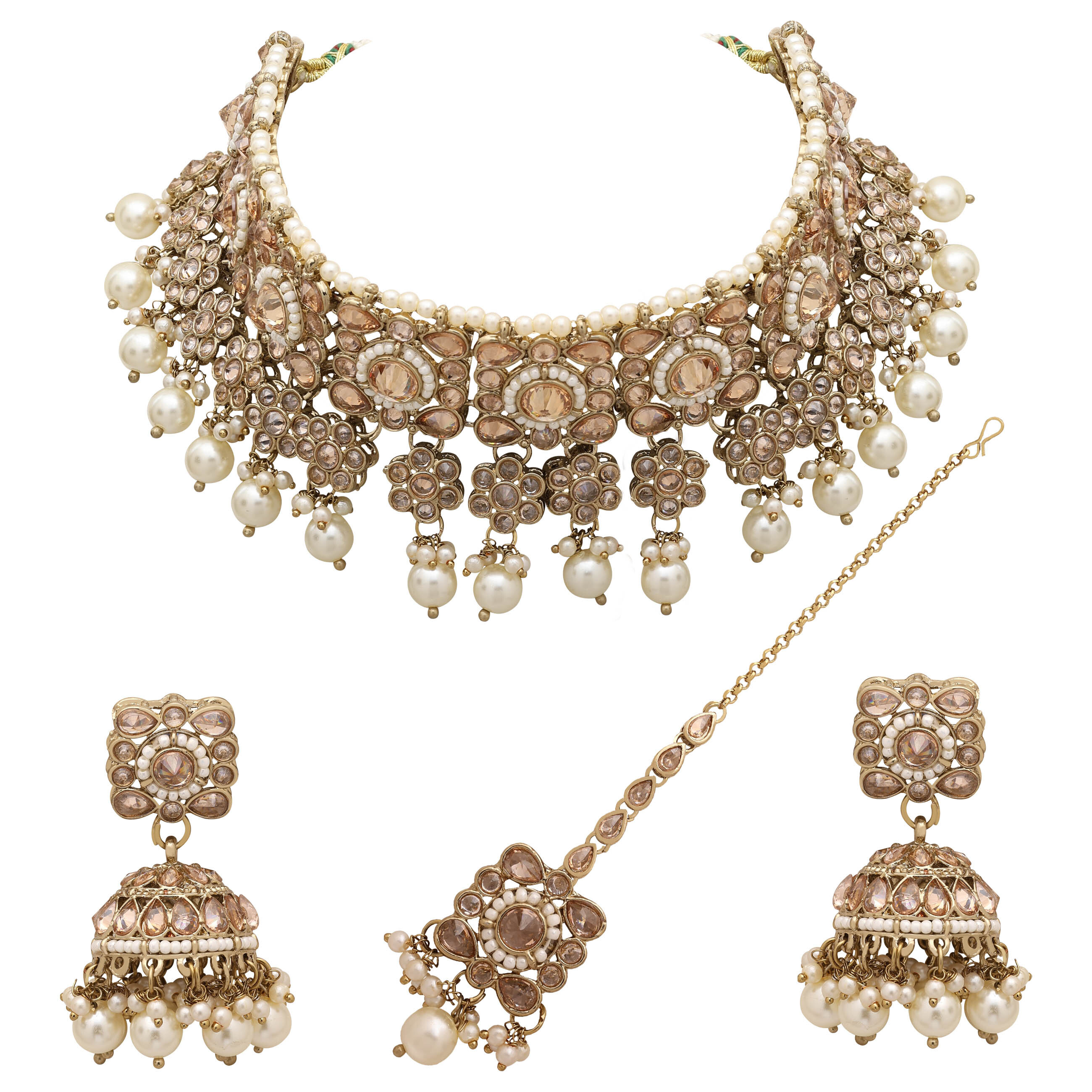 Floral Square Splendor Mehandi Plated Reverse Ad Choker Necklaces Set.. - Color: White