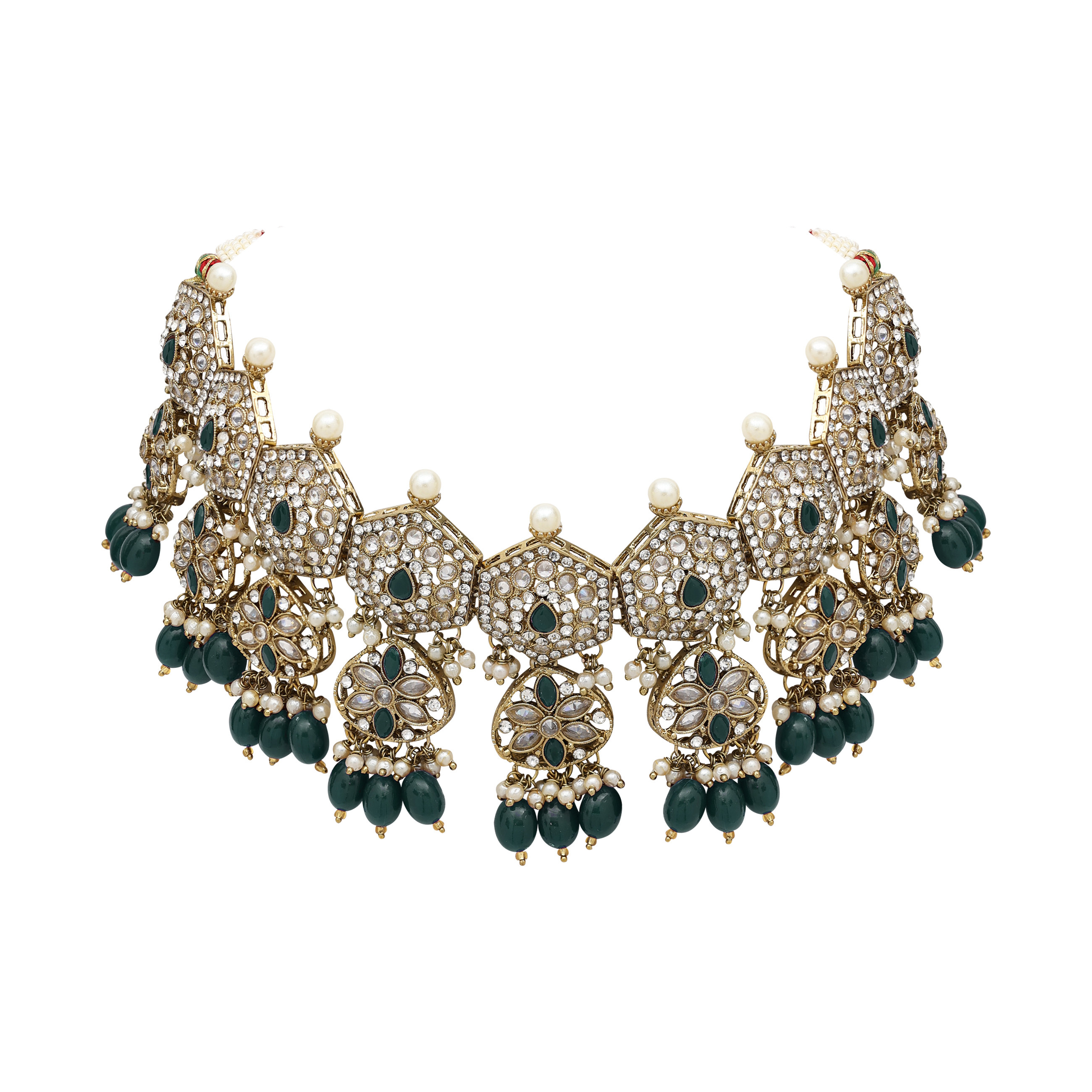 Heptagon Splendor Reverse Ad Necklace Set - Alloy Adjustable Size 21.5 Cm Necklace Length | Green Color Pearls & Mehandi Plating Perfect For Weddings And Parties