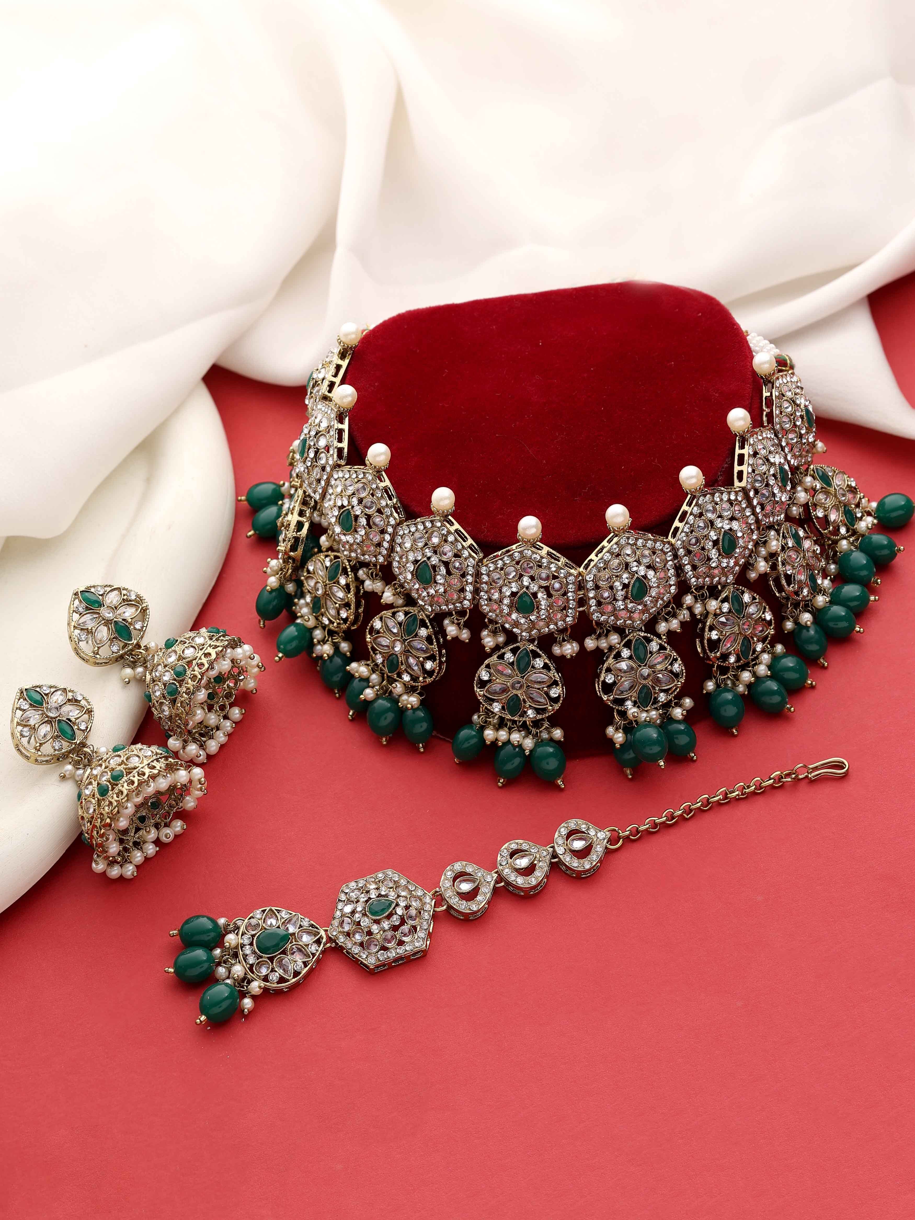 Heptagon Splendor Reverse Ad Necklace Set - Alloy Adjustable Size 21.5 Cm Necklace Length | Green Color Pearls & Mehandi Plating Perfect For Weddings And Parties