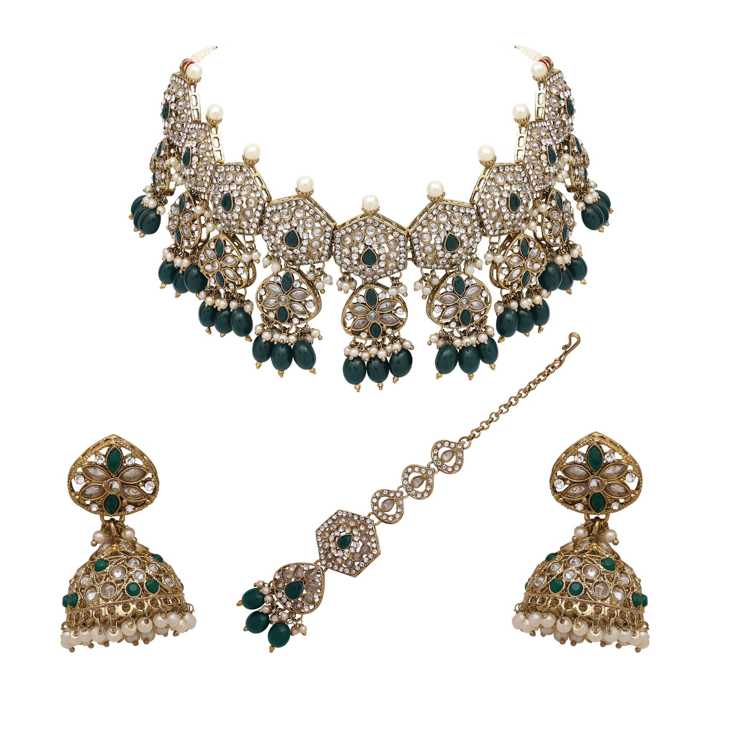 Heptagon Splendor Reverse Ad Necklace Set - Alloy Adjustable Size 21.5 Cm Necklace Length | Green Color Pearls & Mehandi Plating Perfect For Weddings And Parties