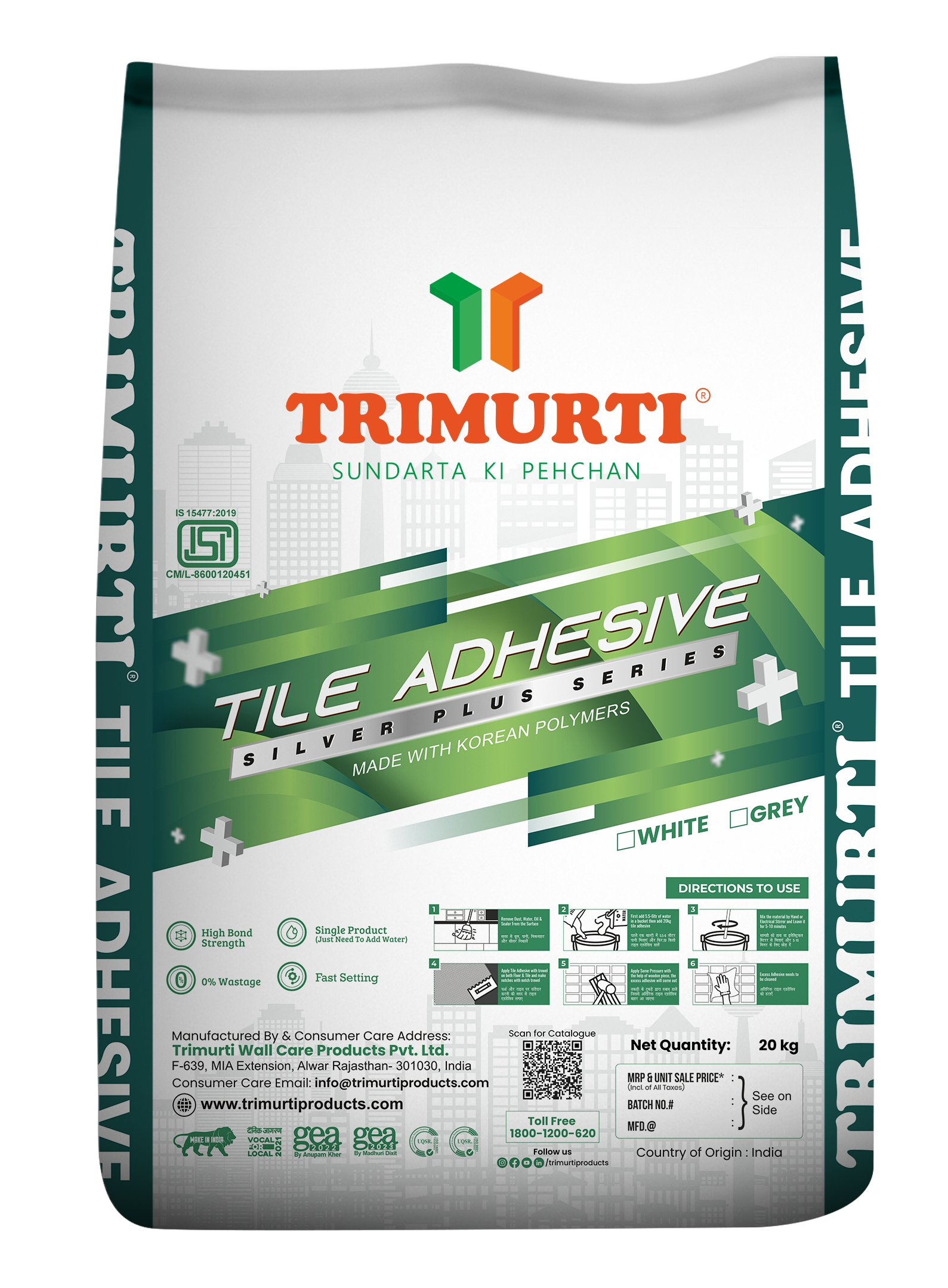 Trimurti 20 Kg Tile Adhesive Silver Plus - Korean Polymer Powder , Grey & White Color, High Bonding Strength For Interior/exterior Tile Applications