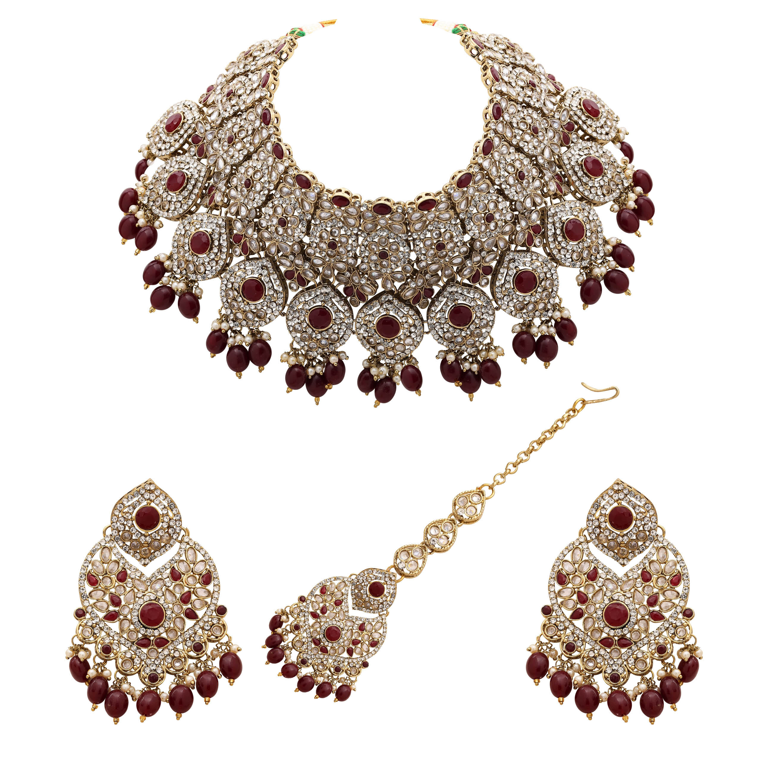 Wedding Look Blooming Oval Beauty Choker Necklace Set - Alloy, 24.5x9 Cm Choker, 9x5 Cm Earrings, 18x5 Cm Maangtikka | Maroon Color, Adjustable Size, Mehandi Plated, Perfect For Weddings And Special Occasions