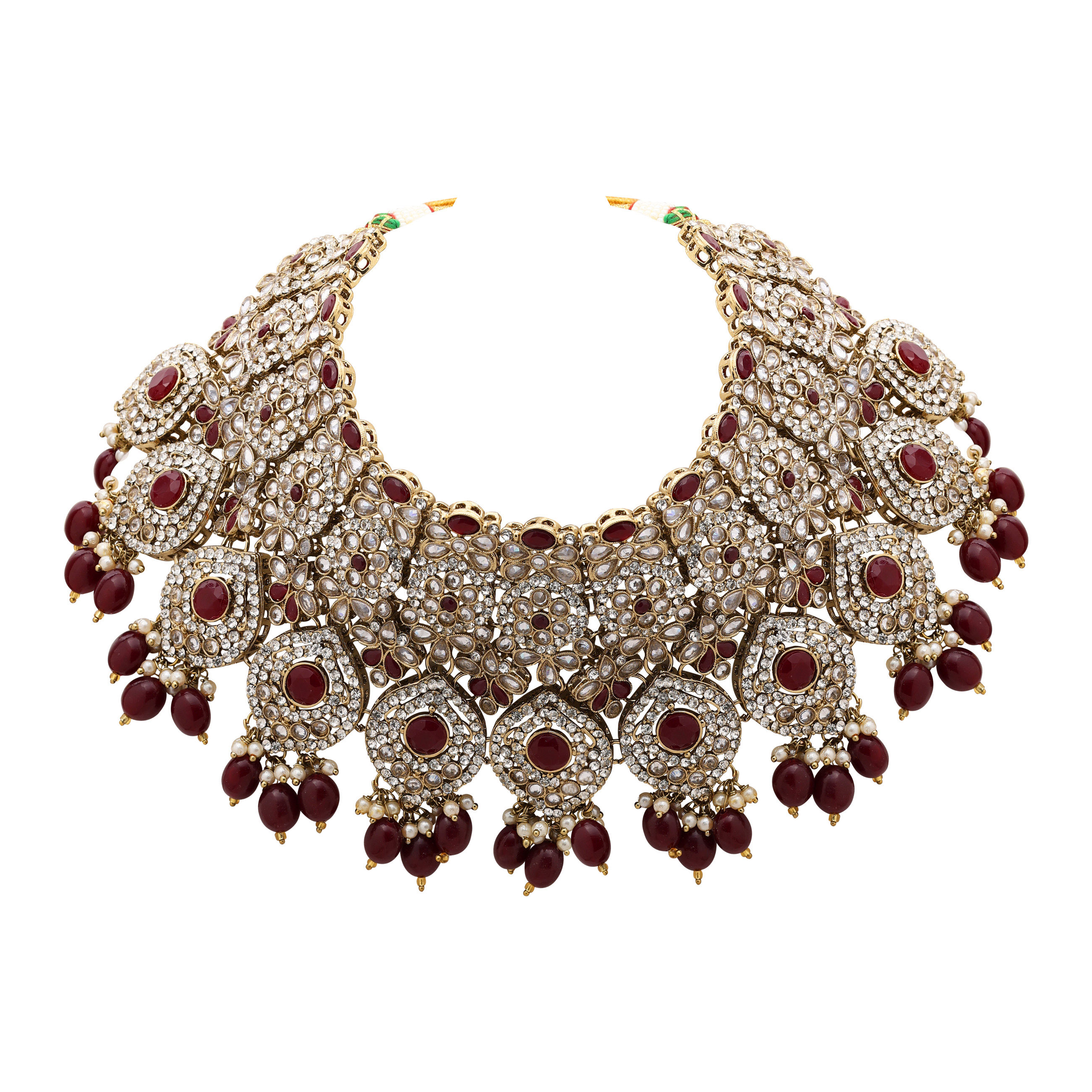 Wedding Look Blooming Oval Beauty Choker Necklace Set - Alloy, 24.5x9 Cm Choker, 9x5 Cm Earrings, 18x5 Cm Maangtikka | Maroon Color, Adjustable Size, Mehandi Plated, Perfect For Weddings And Special Occasions