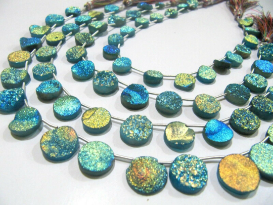 Natural Titanium Coated Agate Blue Druzy Round Shape Bead Strand 10inches Long