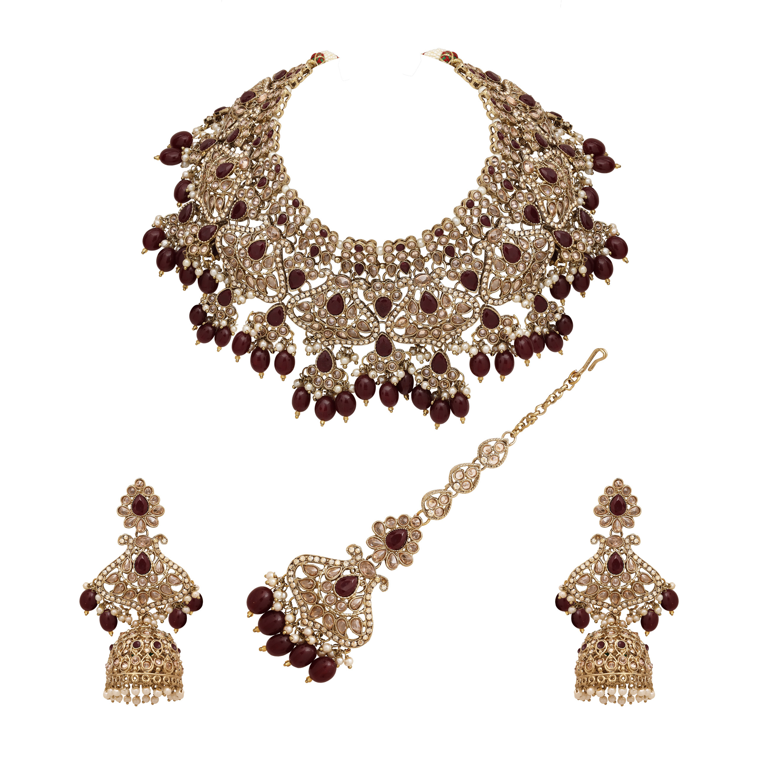 Triangular Elegance Reverse Ad Mehandi Plated Choker Necklace Set . - Color: Maroon