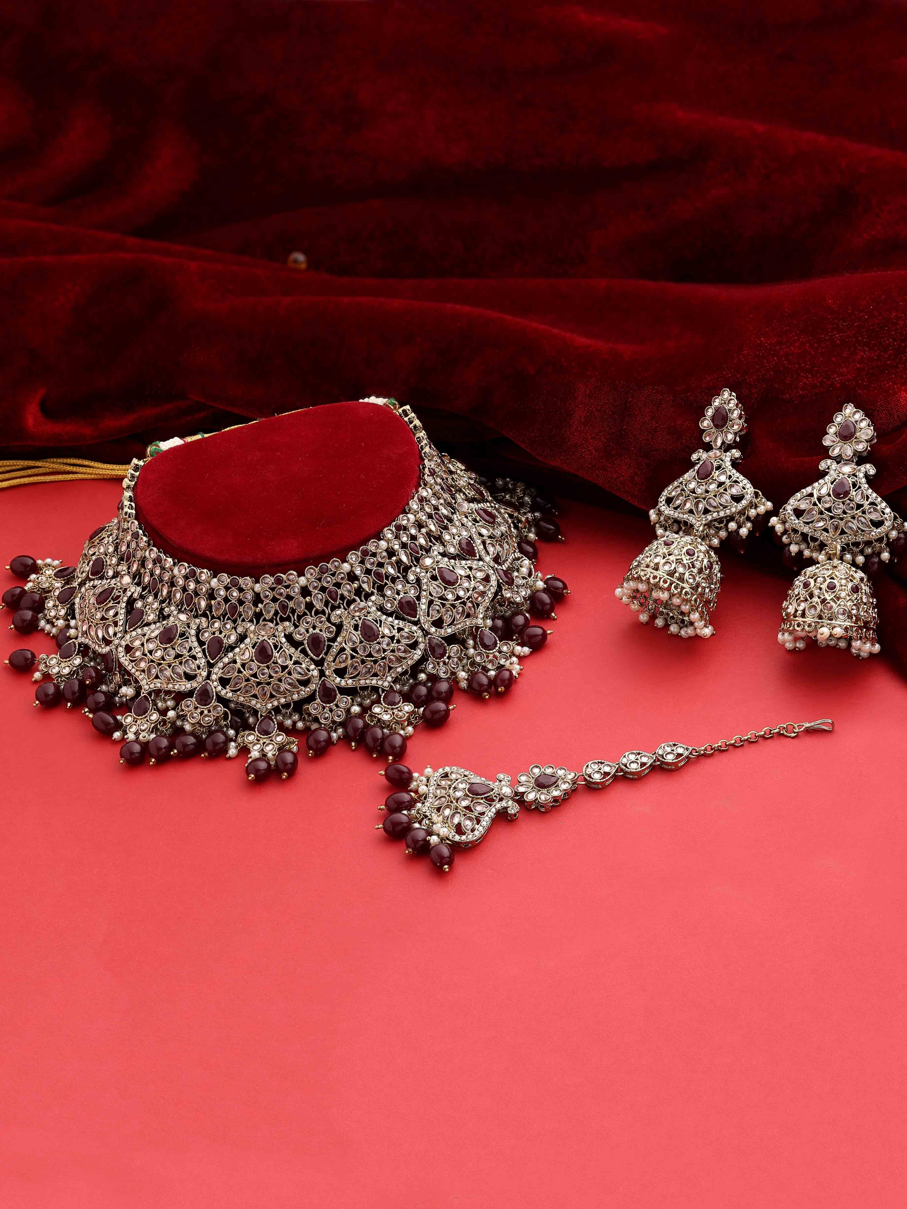 Triangular Elegance Reverse Ad Mehandi Plated Choker Necklace Set . - Color: Maroon
