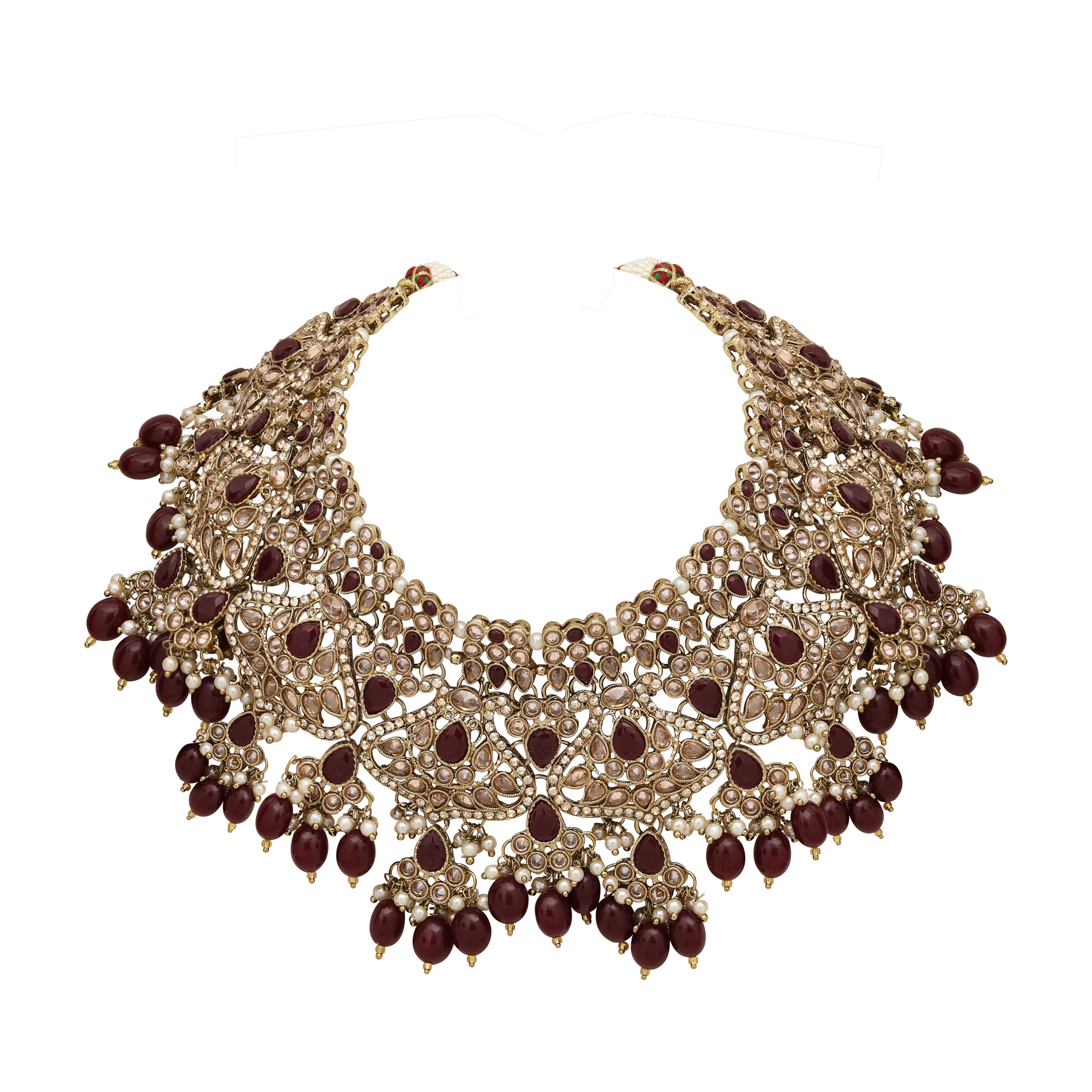 Triangular Elegance Reverse Ad Mehandi Plated Choker Necklace Set . - Color: Maroon