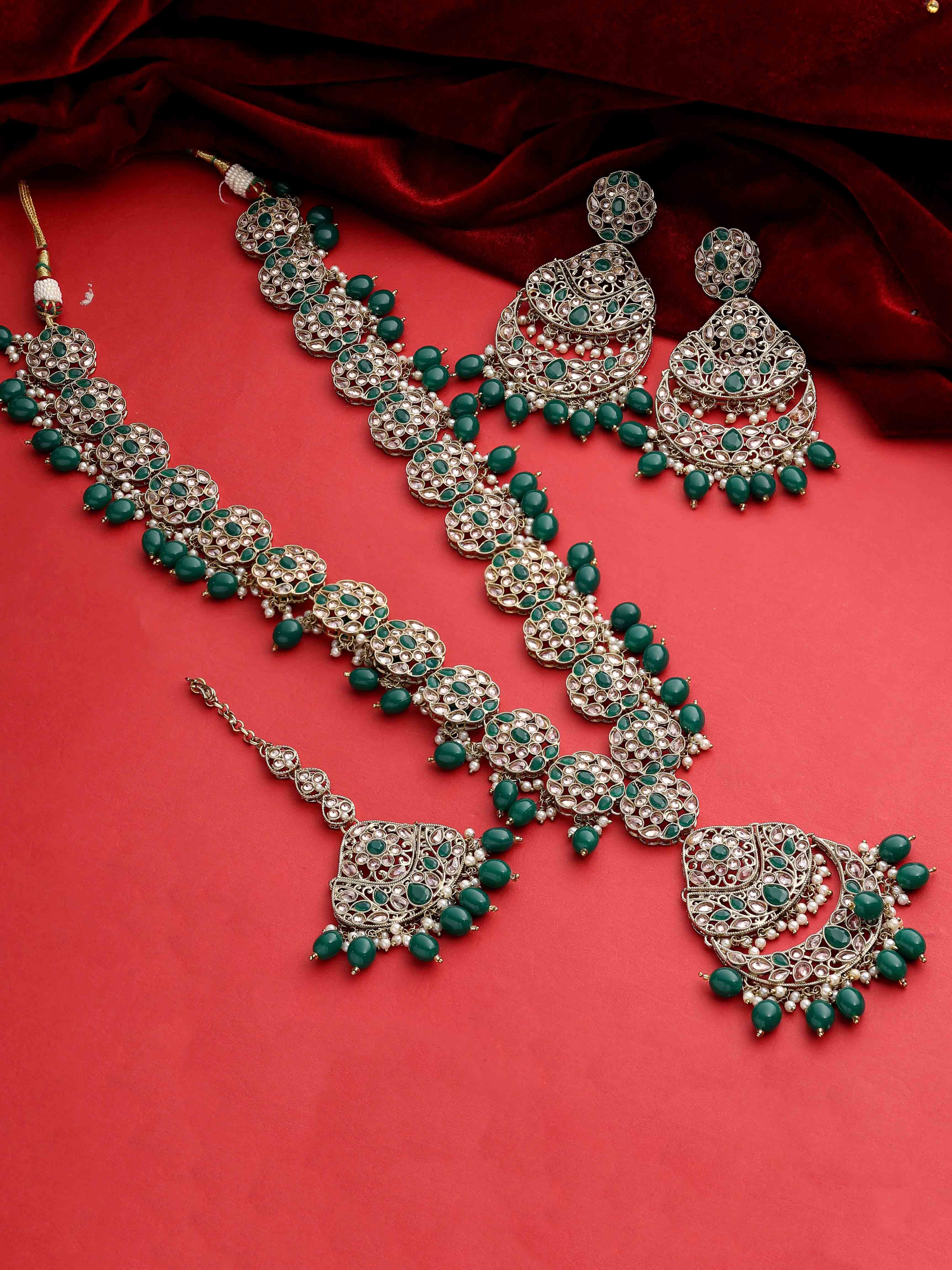 Emerald Glow Reverse Ad Stone Mehandi Plated Chandbali Long Necklace Set - Alloy, Necklace Length 27.5 Cm, Earring Length 10.5 Cm, Green Color | Adjustable Size, Intricate Details, Perfect For Weddings And Engagements