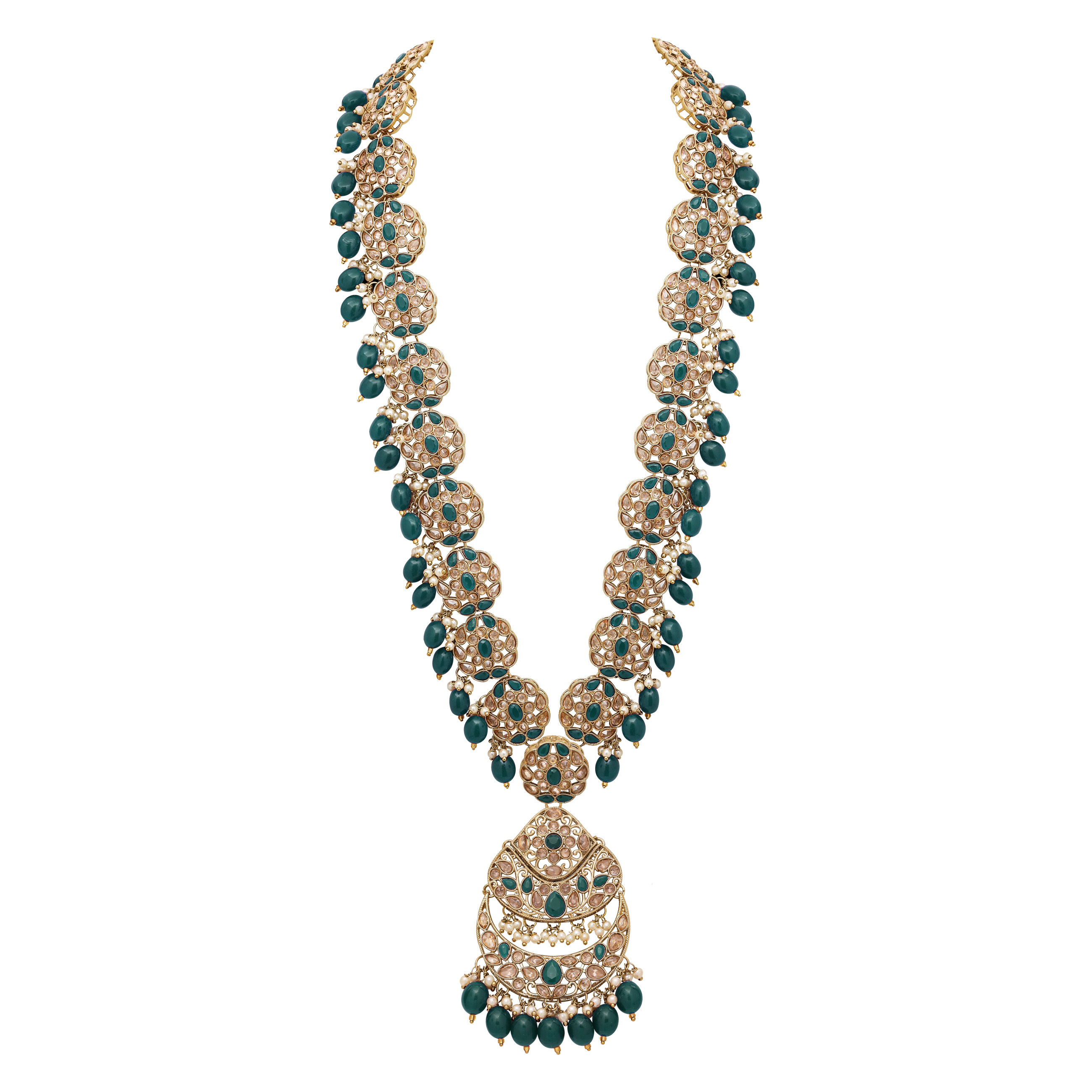 Emerald Glow Reverse Ad Stone Mehandi Plated Chandbali Long Necklace Set - Alloy, Necklace Length 27.5 Cm, Earring Length 10.5 Cm, Green Color | Adjustable Size, Intricate Details, Perfect For Weddings And Engagements