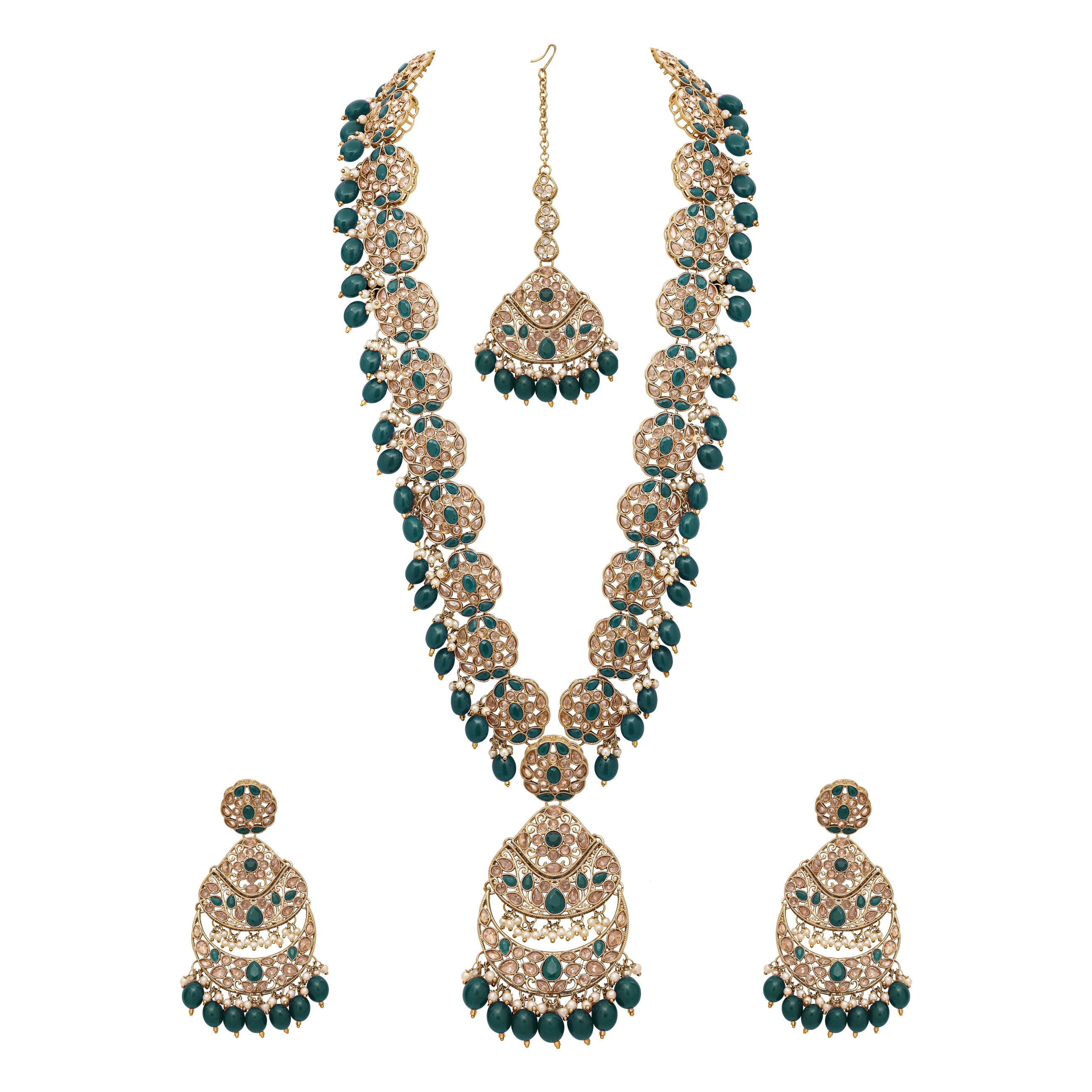 Emerald Glow Reverse Ad Stone Mehandi Plated Chandbali Long Necklace Set - Alloy, Necklace Length 27.5 Cm, Earring Length 10.5 Cm, Green Color | Adjustable Size, Intricate Details, Perfect For Weddings And Engagements