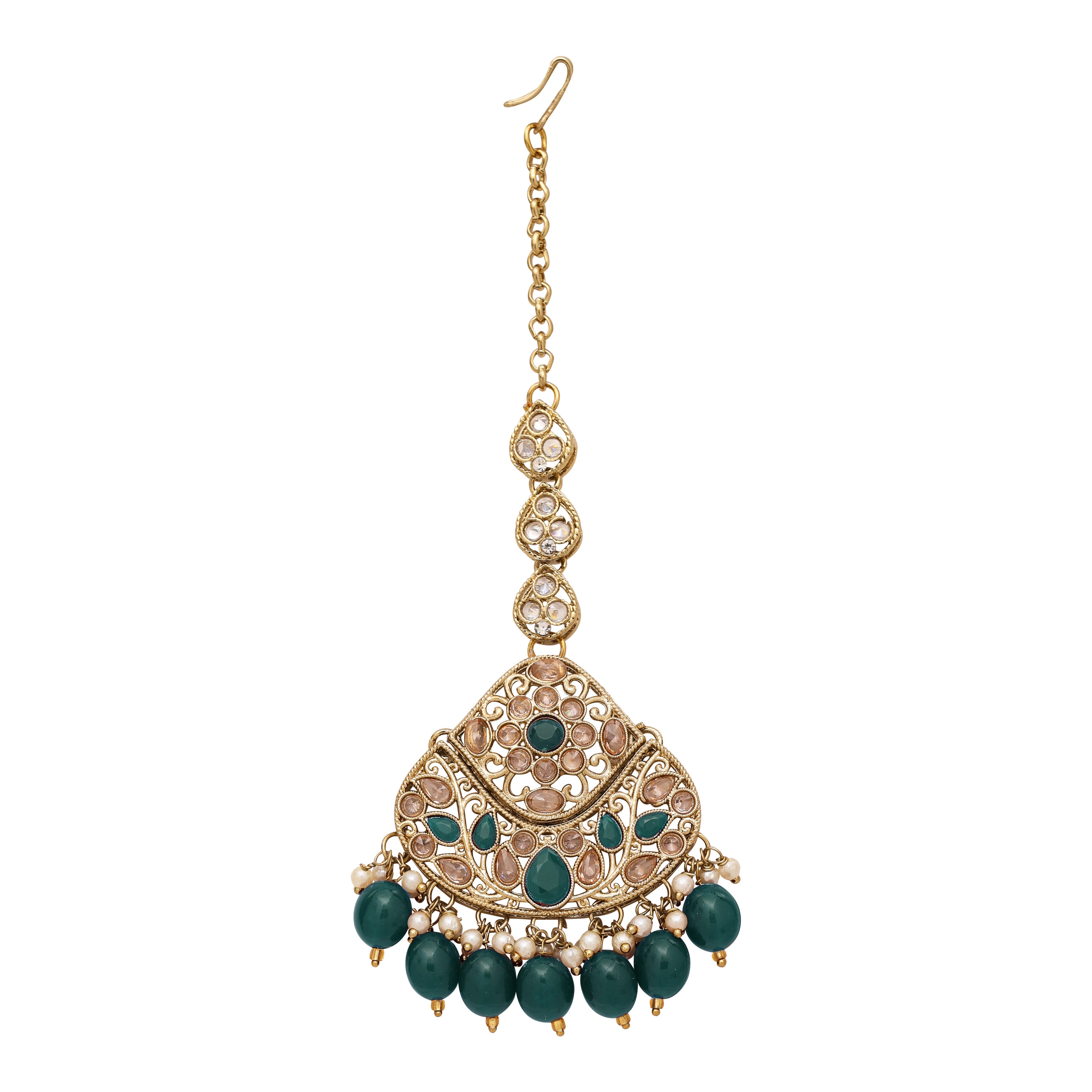 Emerald Glow Reverse Ad Stone Mehandi Plated Chandbali Long Necklace Set - Alloy, Necklace Length 27.5 Cm, Earring Length 10.5 Cm, Green Color | Adjustable Size, Intricate Details, Perfect For Weddings And Engagements