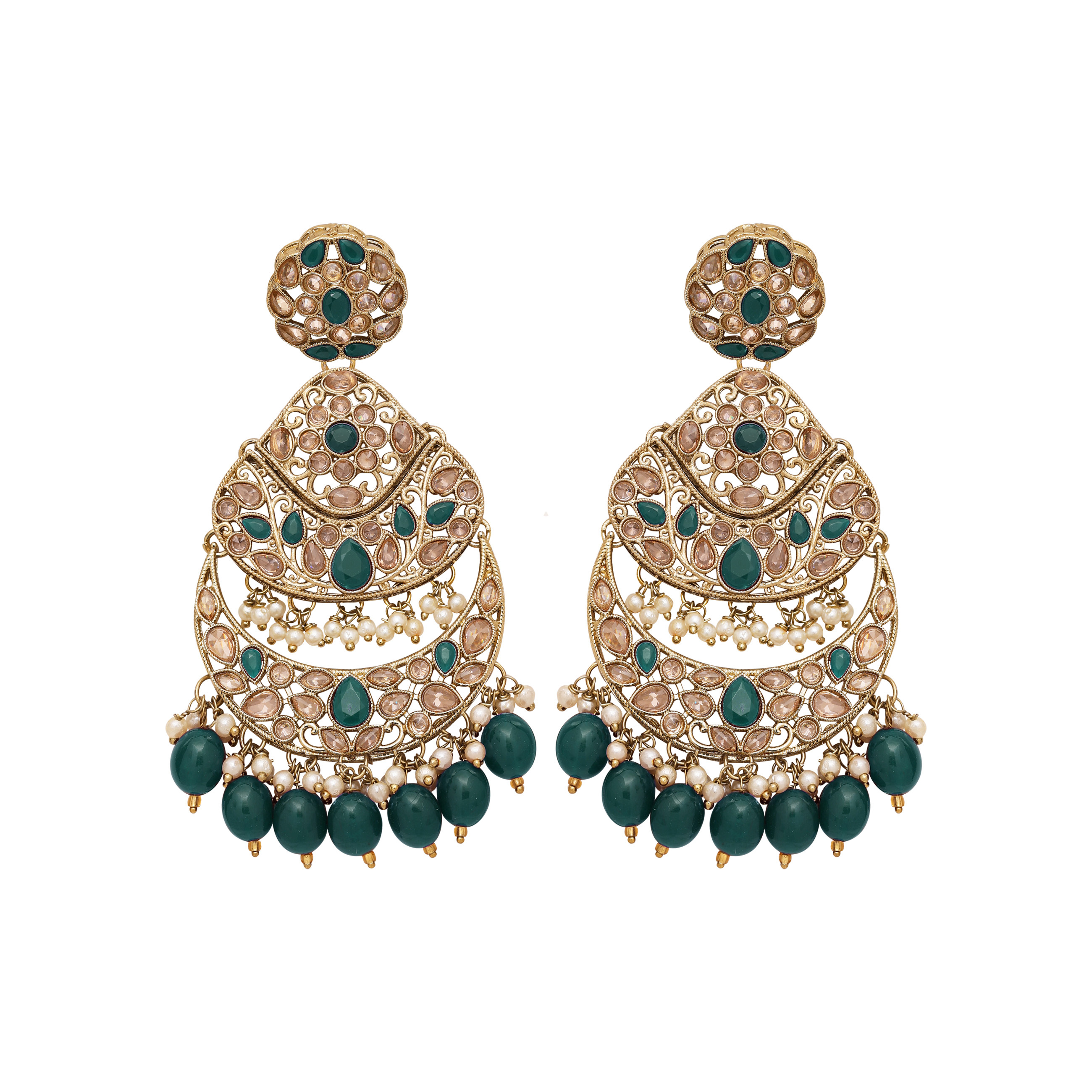 Emerald Glow Reverse Ad Stone Mehandi Plated Chandbali Long Necklace Set - Alloy, Necklace Length 27.5 Cm, Earring Length 10.5 Cm, Green Color | Adjustable Size, Intricate Details, Perfect For Weddings And Engagements