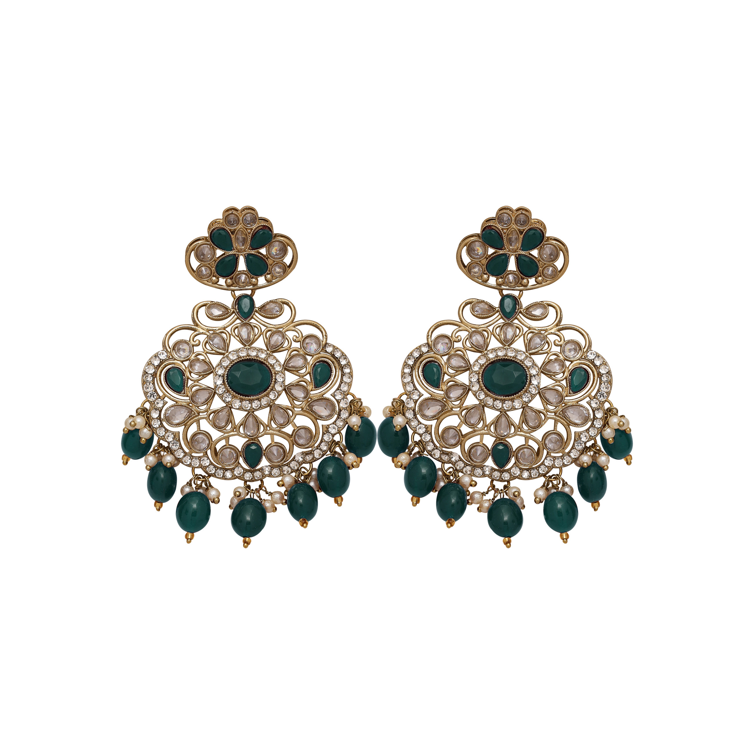 Oval Floral Delight Mehandi Plated Reverse Ad Long Necklace Set - Color: Green