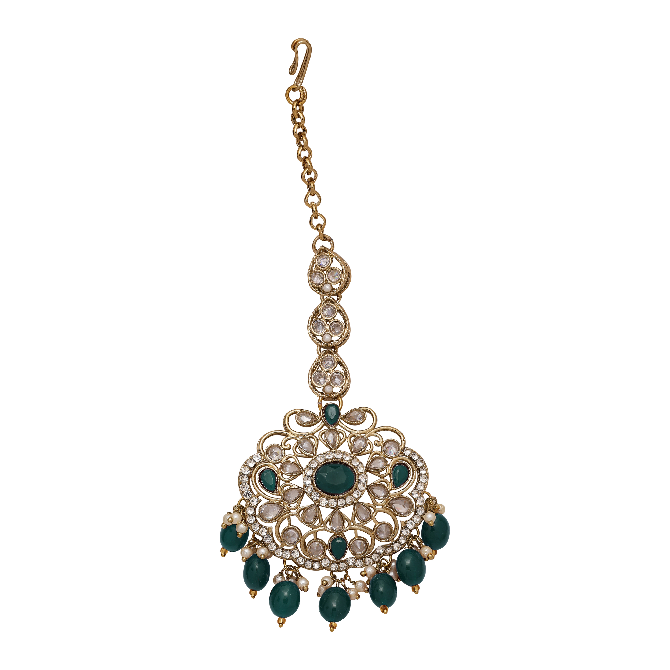 Oval Floral Delight Mehandi Plated Reverse Ad Long Necklace Set - Color: Green