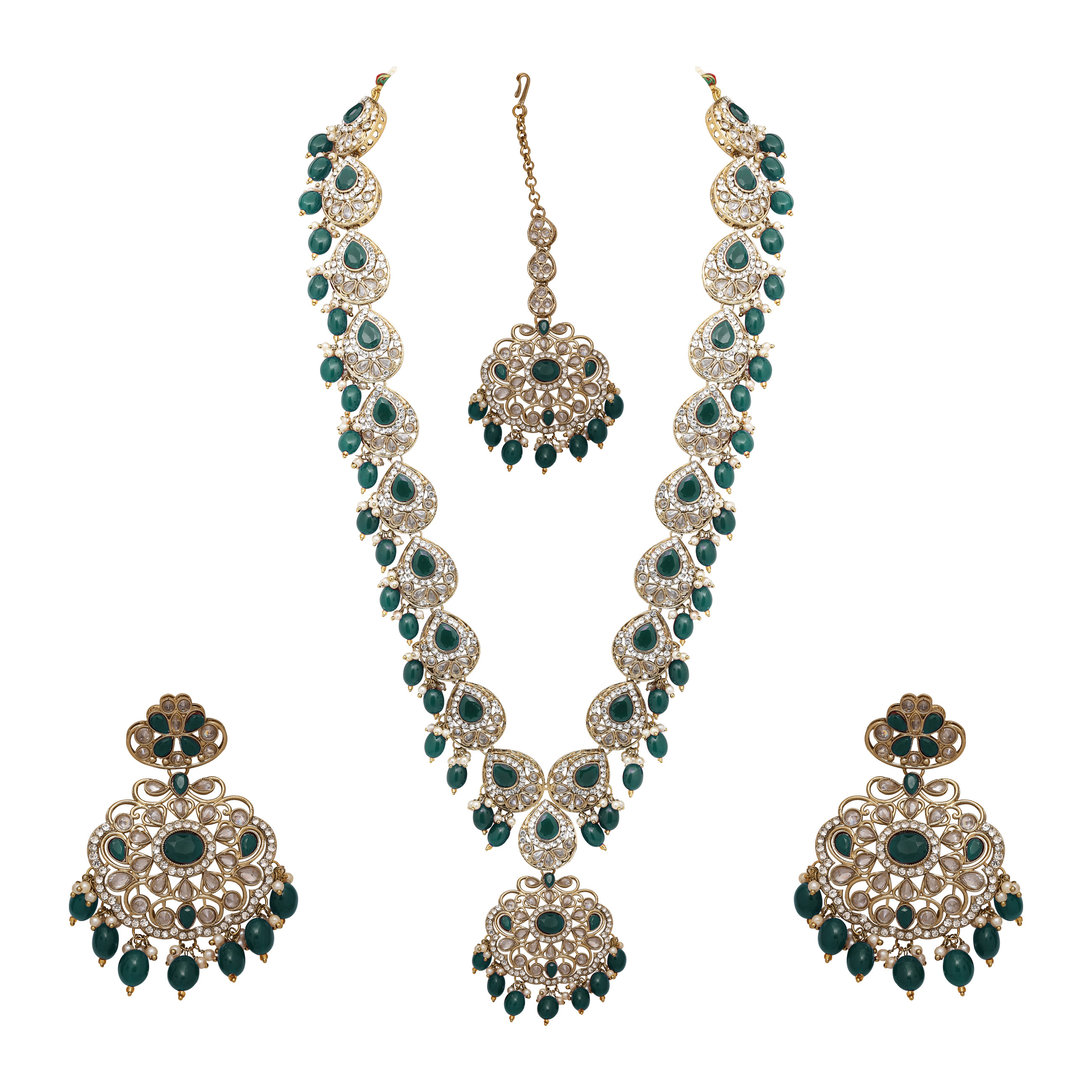 Oval Floral Delight Mehandi Plated Reverse Ad Long Necklace Set - Color: Green