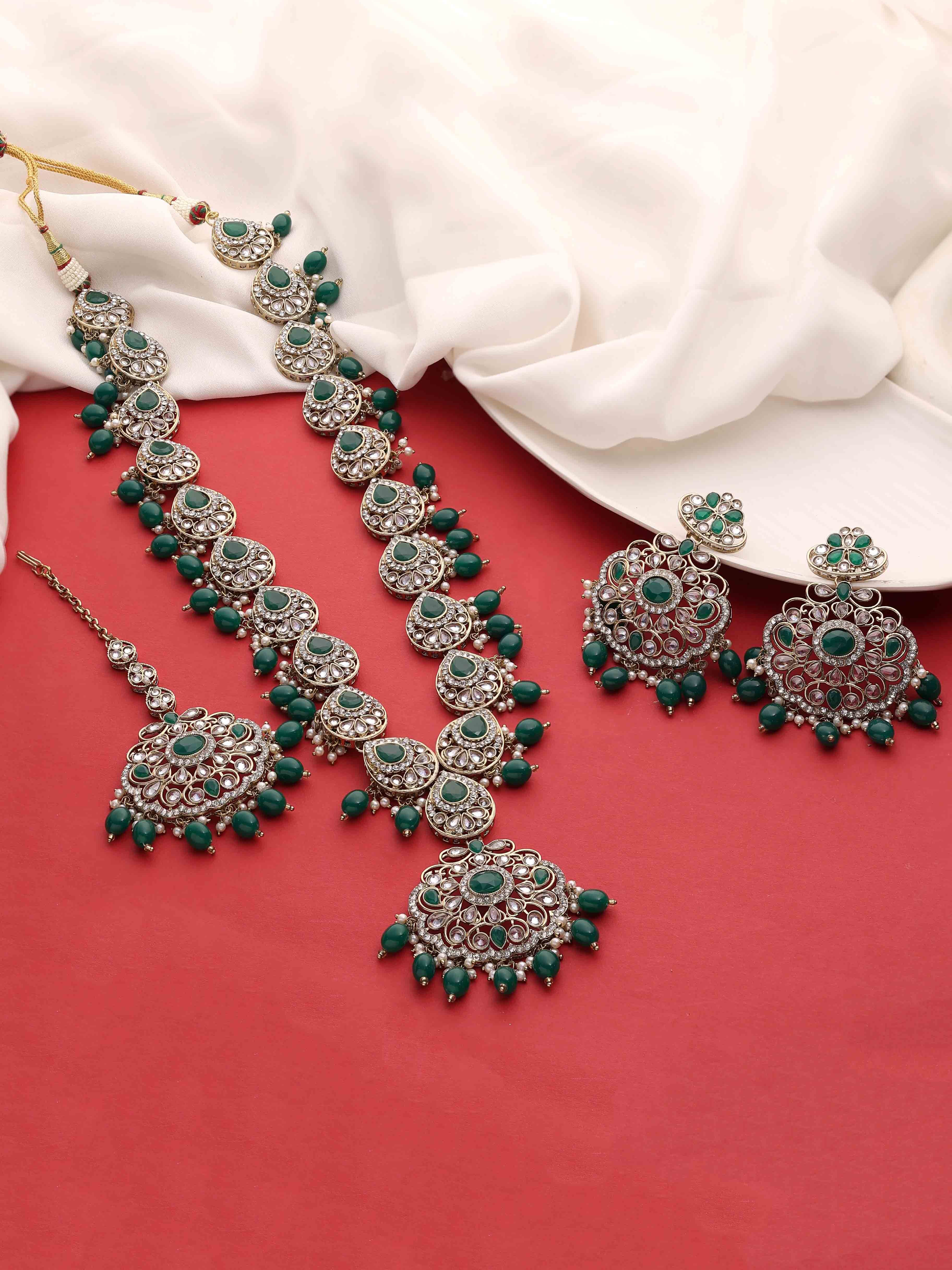 Oval Floral Delight Mehandi Plated Reverse Ad Long Necklace Set - Color: Green