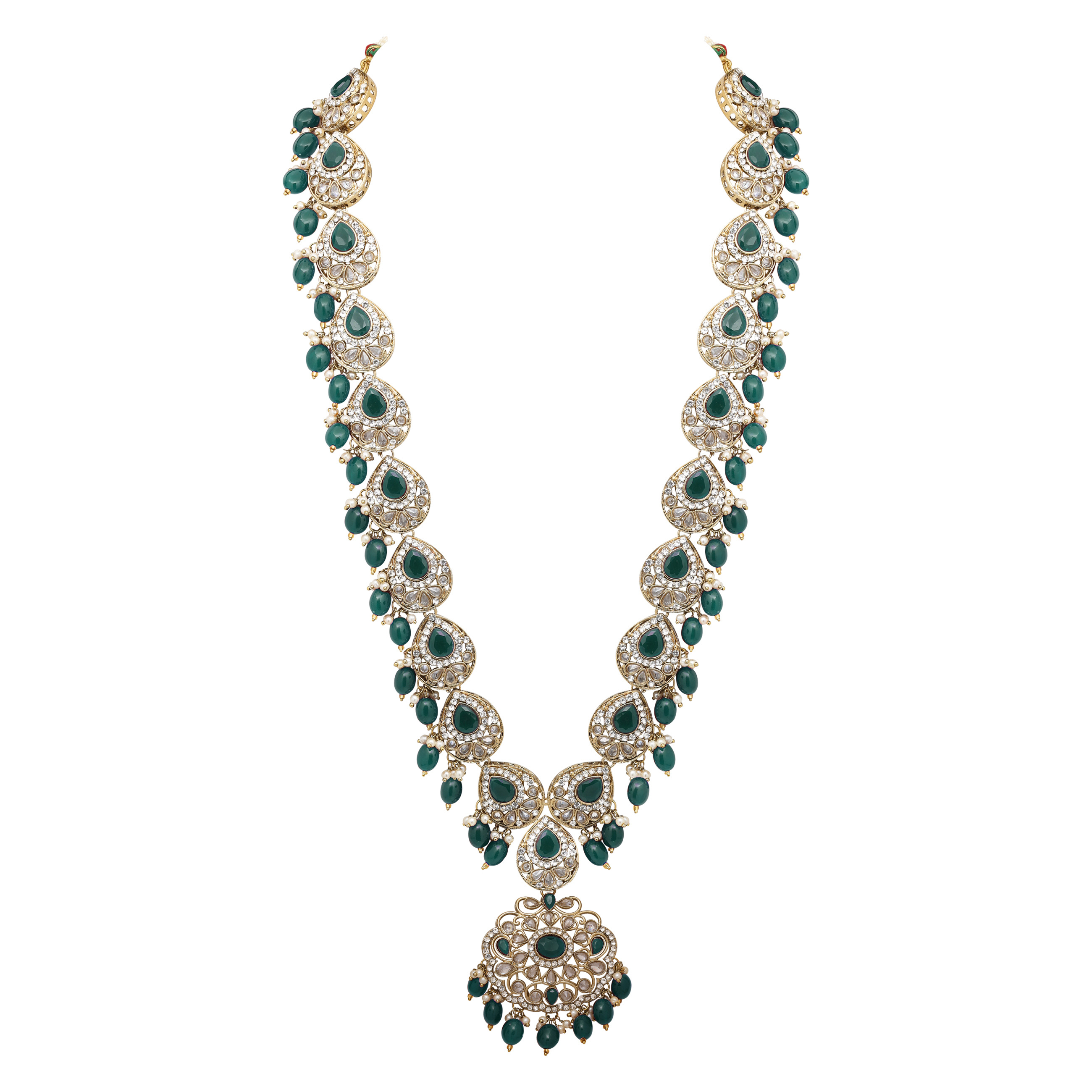 Oval Floral Delight Mehandi Plated Reverse Ad Long Necklace Set - Color: Green