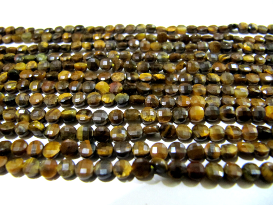 Natural Tiger Eye Faceted Coin Beads - 4mm Size Strand, 13 Inches Long | High-quality Micro Gemstones For Unique Jewelry Crafting