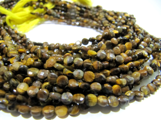 Natural Tiger Eye Faceted Coin Beads - 4mm Size Strand, 13 Inches Long | High-quality Micro Gemstones For Unique Jewelry Crafting