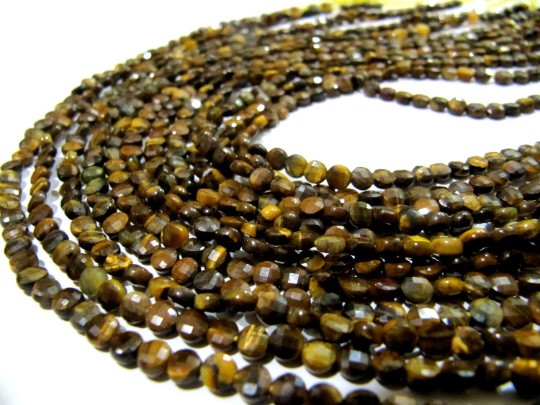 Natural Tiger Eye Faceted Coin Beads - 4mm Size Strand, 13 Inches Long | High-quality Micro Gemstones For Unique Jewelry Crafting