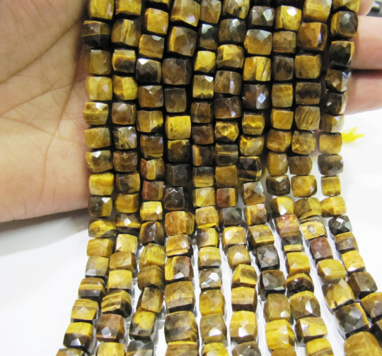 Natural Tiger's Eye 3d Cube Shape Faceted 8 To 9mm Beads Strand 8 Inch Long