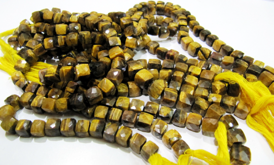 Natural Tiger's Eye 3d Cube Shape Faceted 8 To 9mm Beads Strand 8 Inch Long