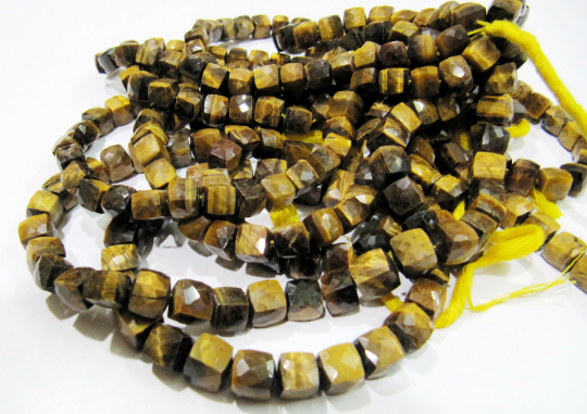 Natural Tiger's Eye 3d Cube Shape Faceted 8 To 9mm Beads Strand 8 Inch Long