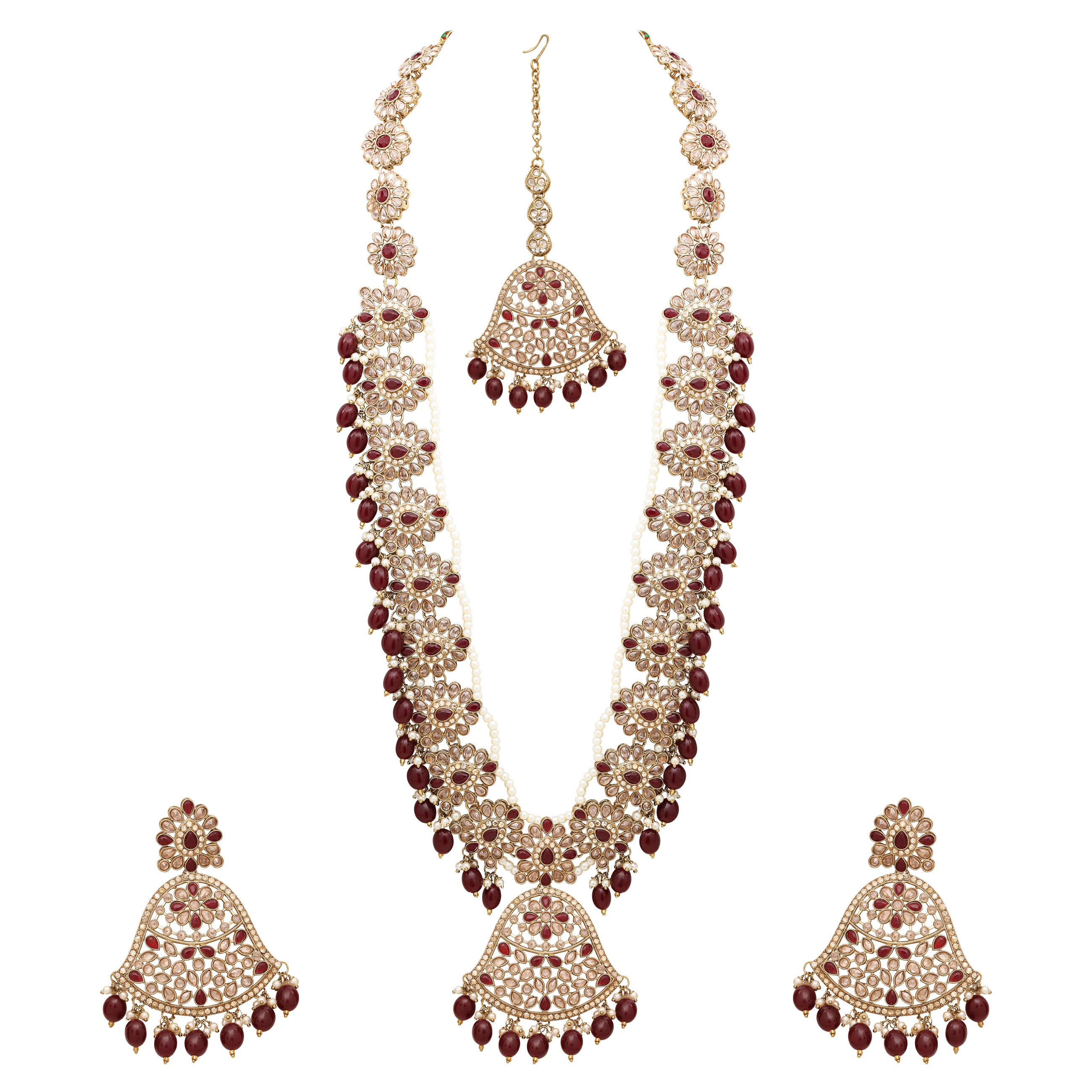 Traditional Mehandi Plated Reverse Ad Pearl Studded Long Necklace Set.