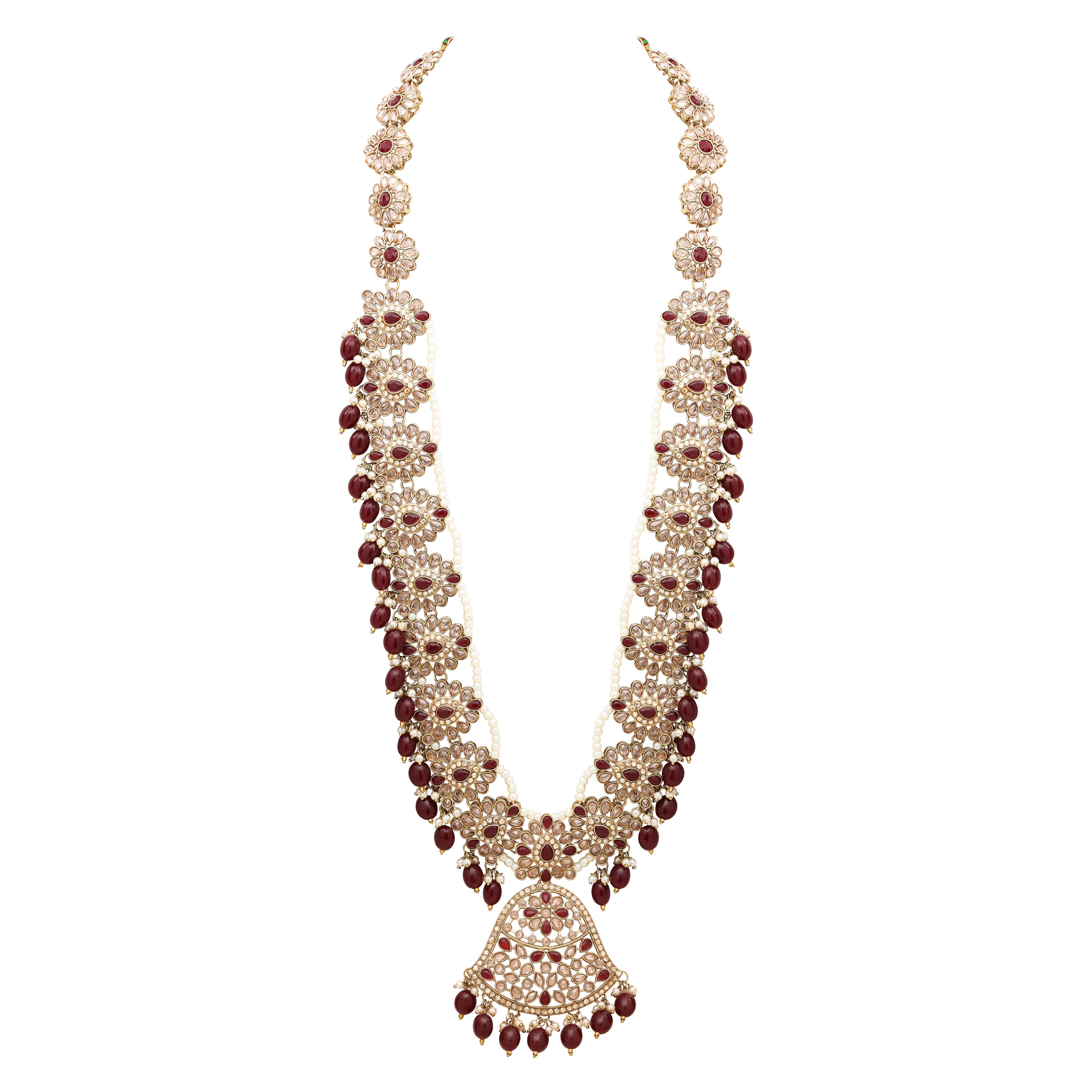 Traditional Mehandi Plated Reverse Ad Pearl Studded Long Necklace Set.