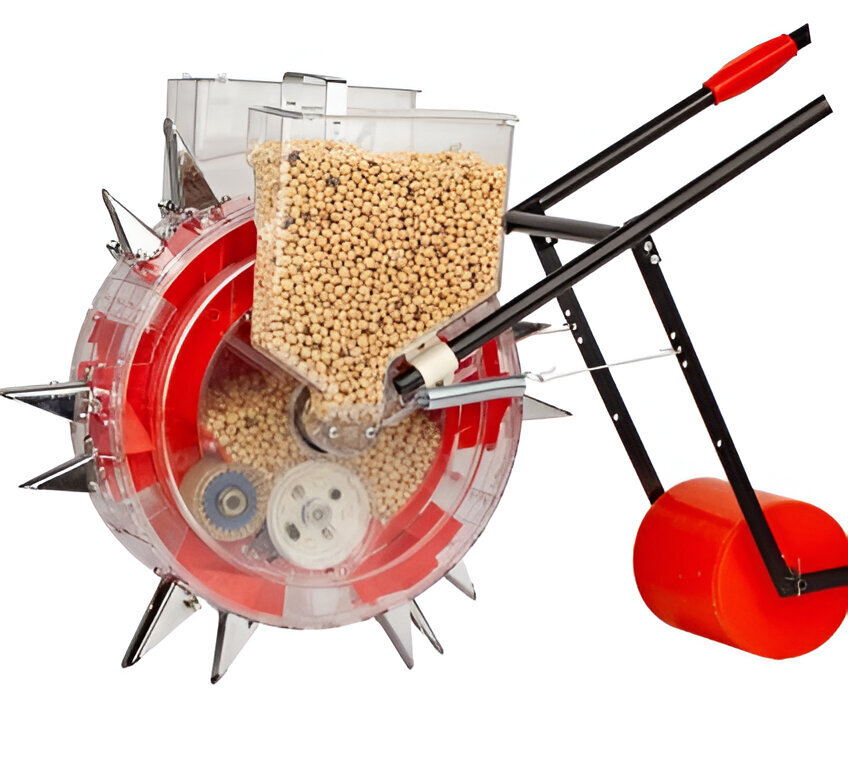 Double Barrel Manual Seeder And Fertilizer Machine For Agriculture Purposes - Mild Steel & Plastic, 4 Kg Seed Box Capacity, Adjustable Seed Space 26-29cm, Hand Operated
