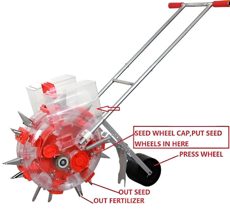 Double Barrel Manual Seeder And Fertilizer Machine For Agriculture Purposes - Mild Steel & Plastic, 4 Kg Seed Box Capacity, Adjustable Seed Space 26-29cm, Hand Operated