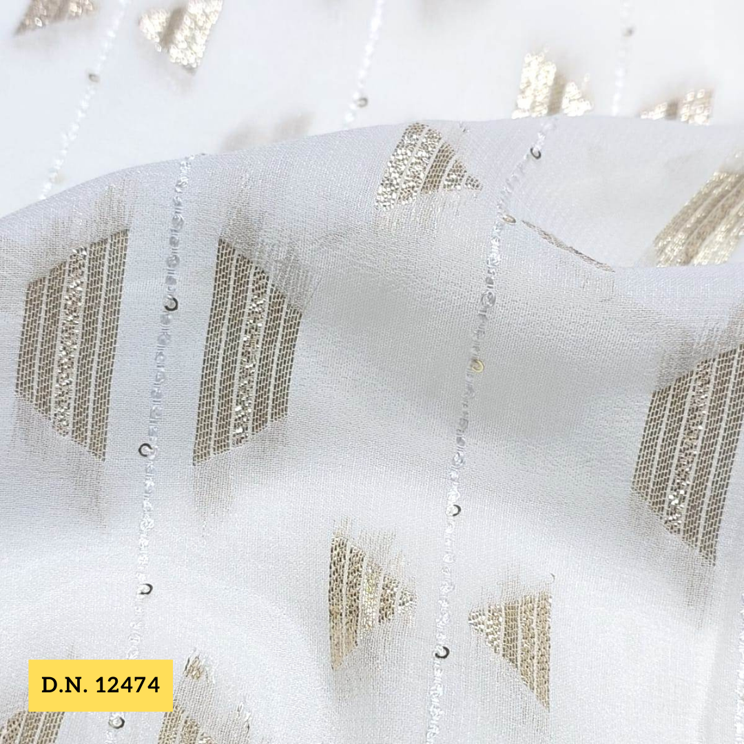 Shop Now Jacquard Georgette Dyeable Fabrics - 44 Inch Width, Multicolor Blend Fabric | Intricate Gold And Silver Embroidery With Sequins, Ideal For Customizations And Versatile Garment Creation
