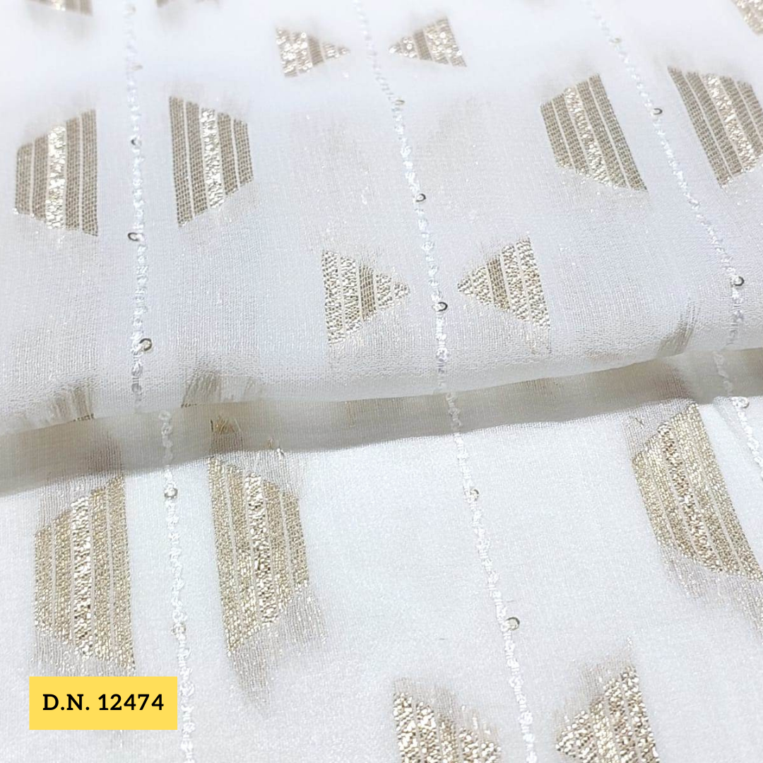Shop Now Jacquard Georgette Dyeable Fabrics - 44 Inch Width, Multicolor Blend Fabric | Intricate Gold And Silver Embroidery With Sequins, Ideal For Customizations And Versatile Garment Creation