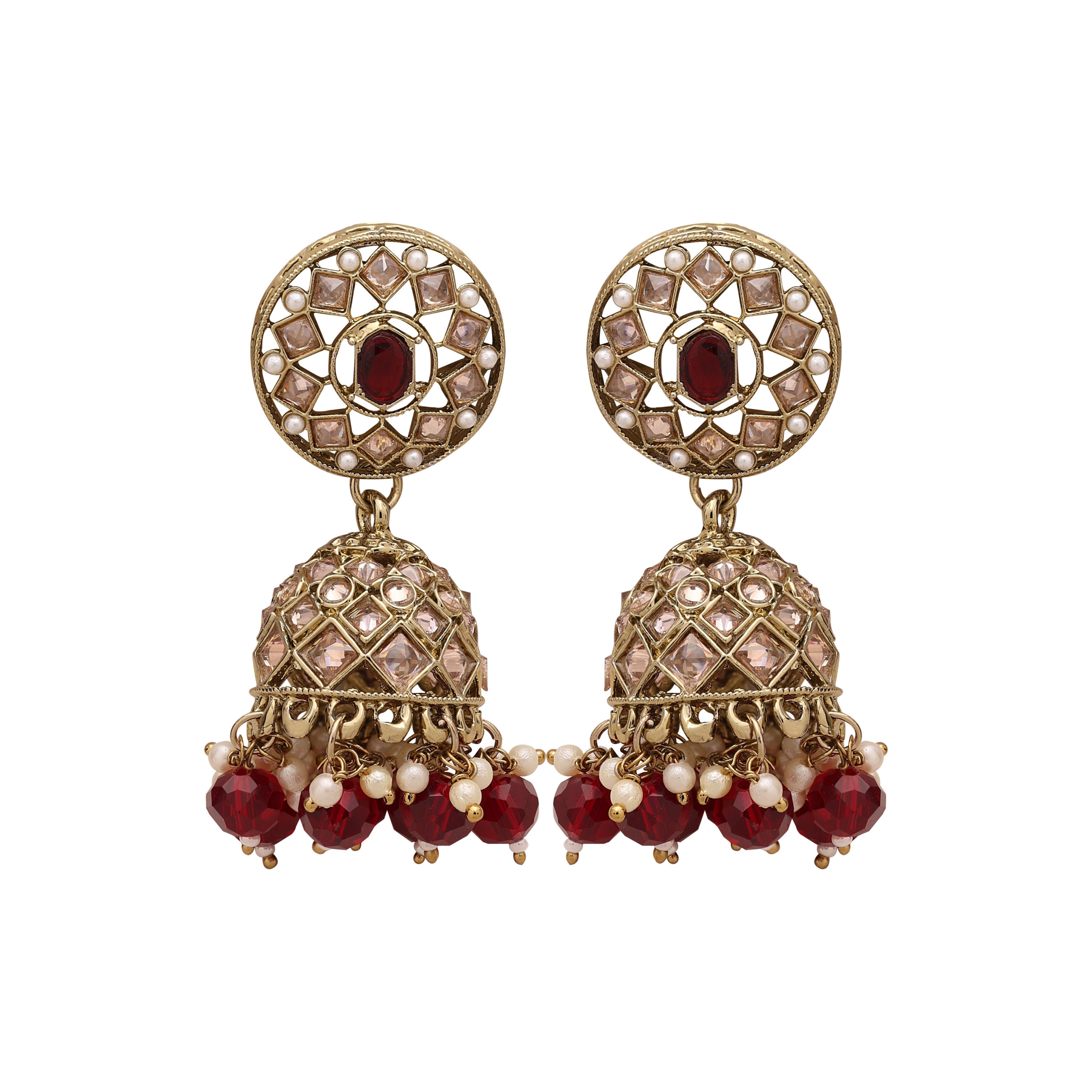 Moonlit Elegance Choker Necklace Set - Alloy, 22x4.5 Cm, Maroon | Mehandi Plated, Channel Setting, Adjustable Size, Includes Earrings & Maangtikka