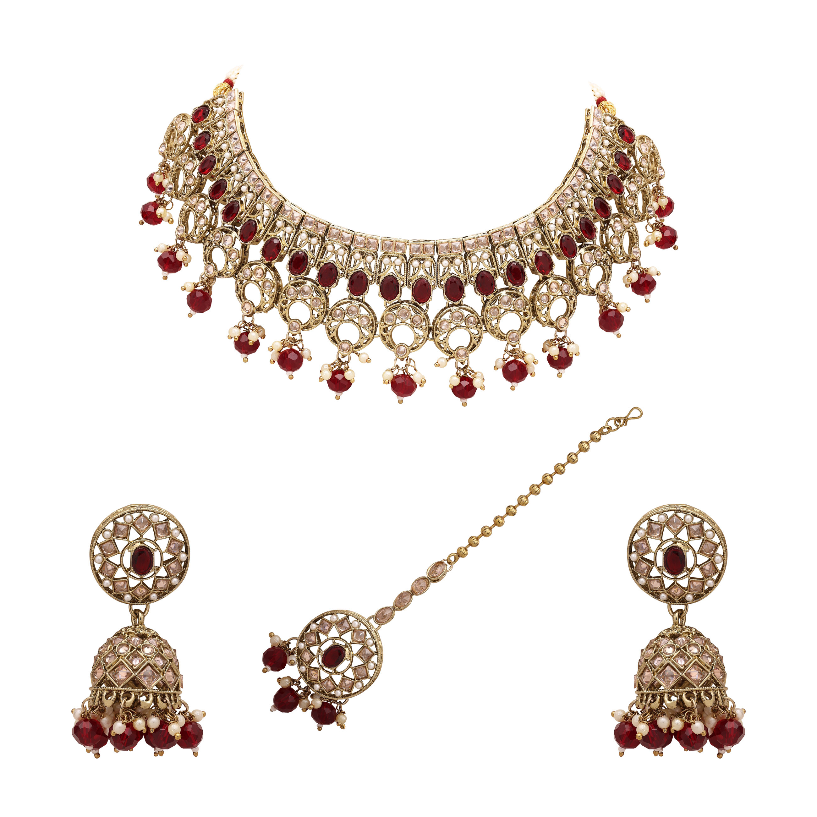 Moonlit Elegance Choker Necklace Set - Alloy, 22x4.5 Cm, Maroon | Mehandi Plated, Channel Setting, Adjustable Size, Includes Earrings & Maangtikka
