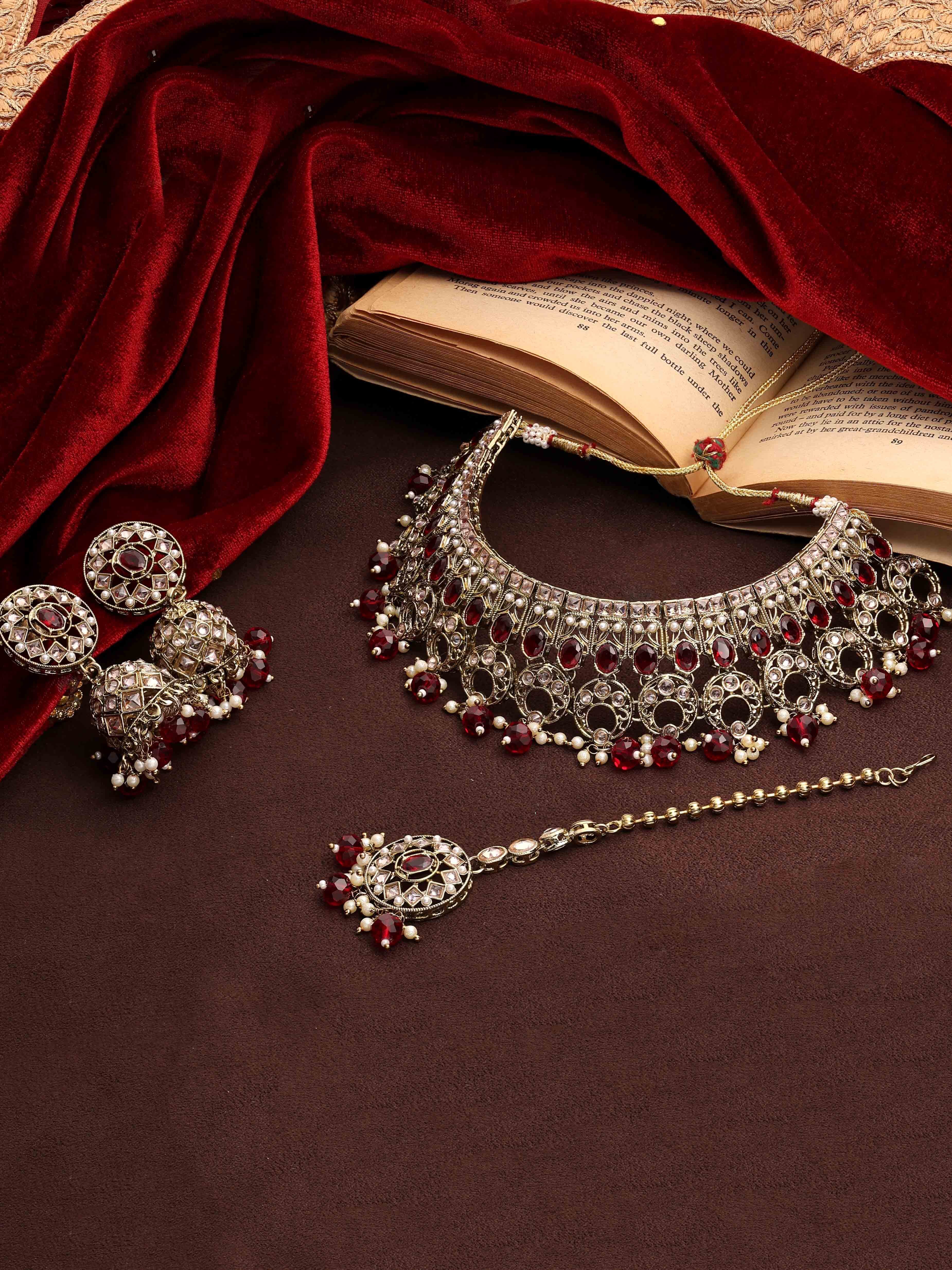 Moonlit Elegance Choker Necklace Set - Alloy, 22x4.5 Cm, Maroon | Mehandi Plated, Channel Setting, Adjustable Size, Includes Earrings & Maangtikka