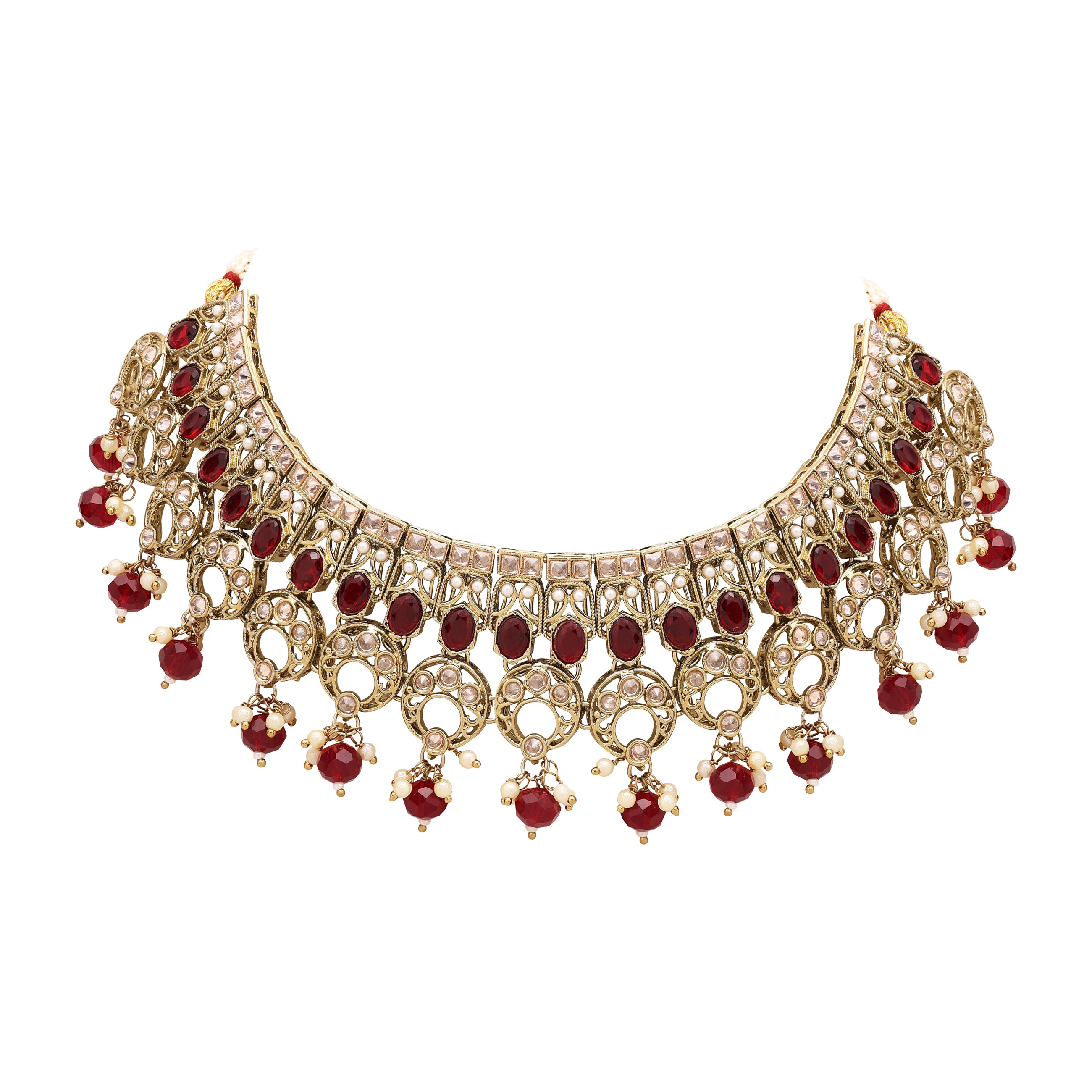 Moonlit Elegance Choker Necklace Set - Alloy, 22x4.5 Cm, Maroon | Mehandi Plated, Channel Setting, Adjustable Size, Includes Earrings & Maangtikka
