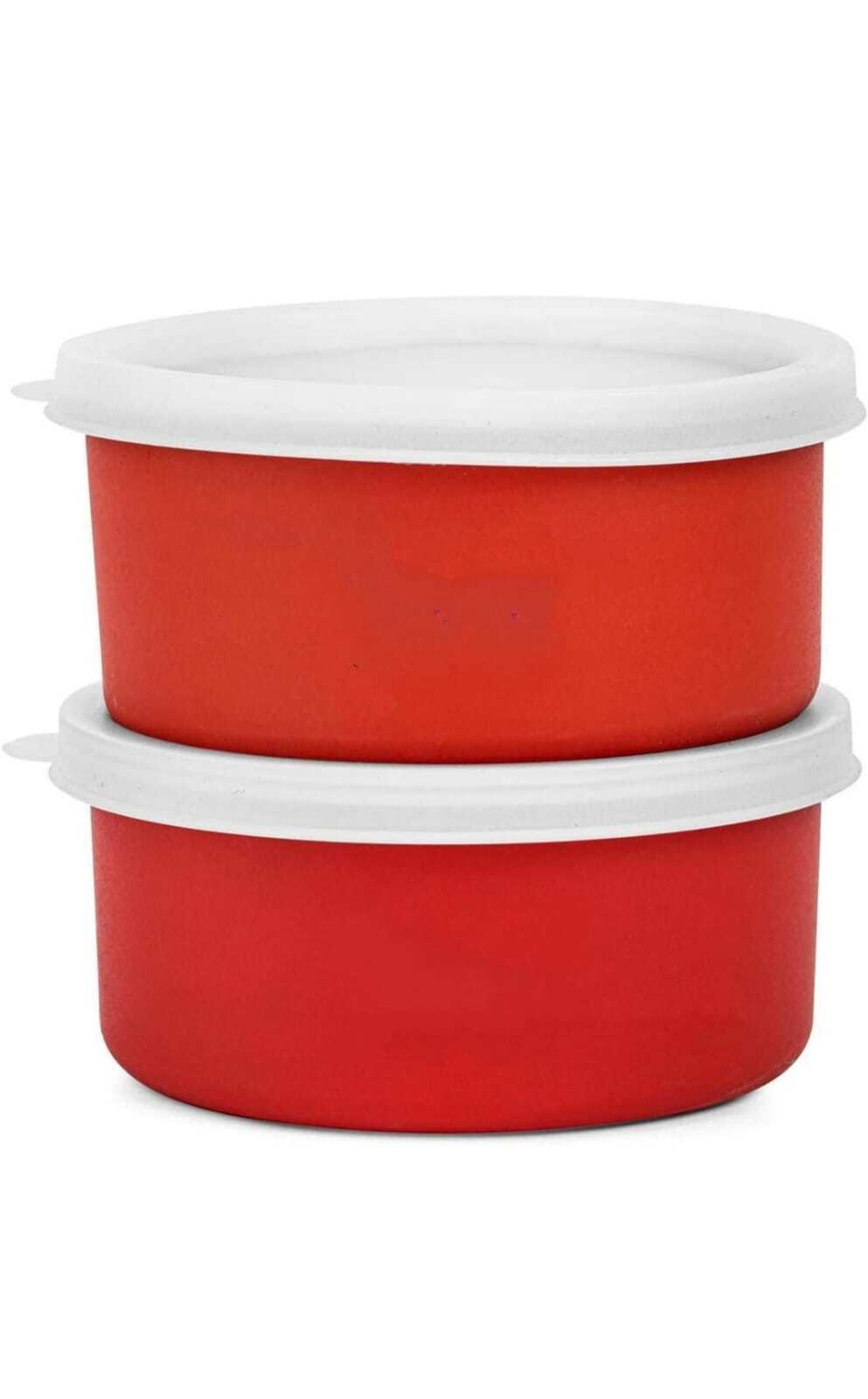 Stainless Steel Microwave Safe Containers - 2 X 11 Cm Bowls 300 Ml Capacity | Airtight Spill Proof Lids Red Plastic Coated Exterior